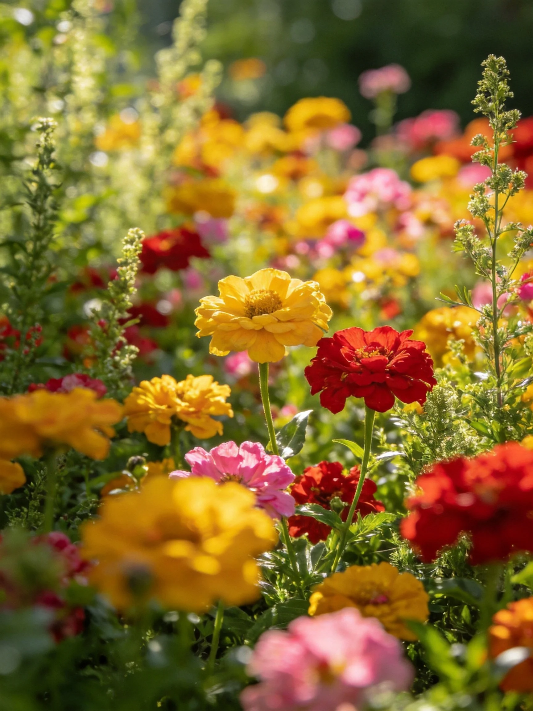 Vibrant flower garden with yellow, red, pink blooms
