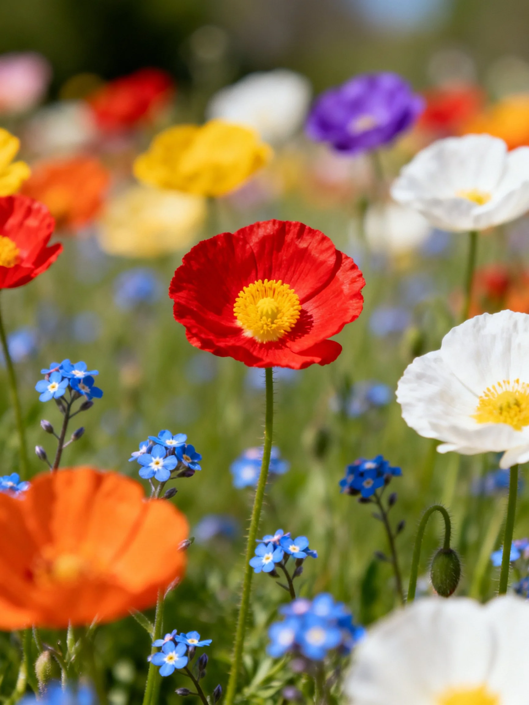 Vibrant flower meadow with multicolored poppies and blue blooms