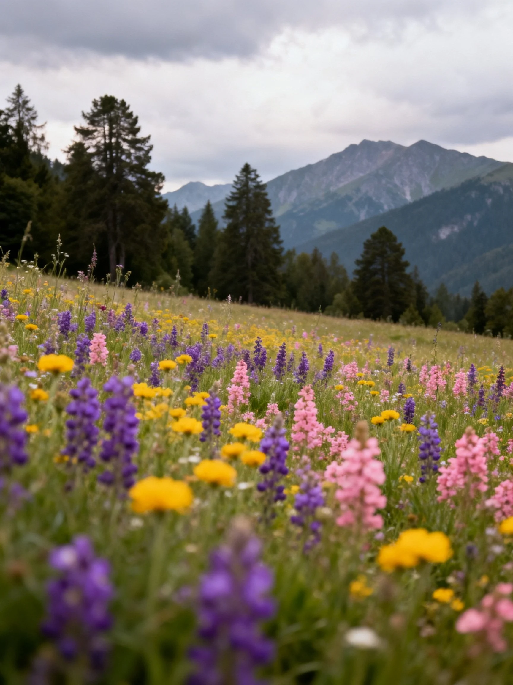 Vibrant flower meadow with purple, pink, yellow blooms near forested mountains