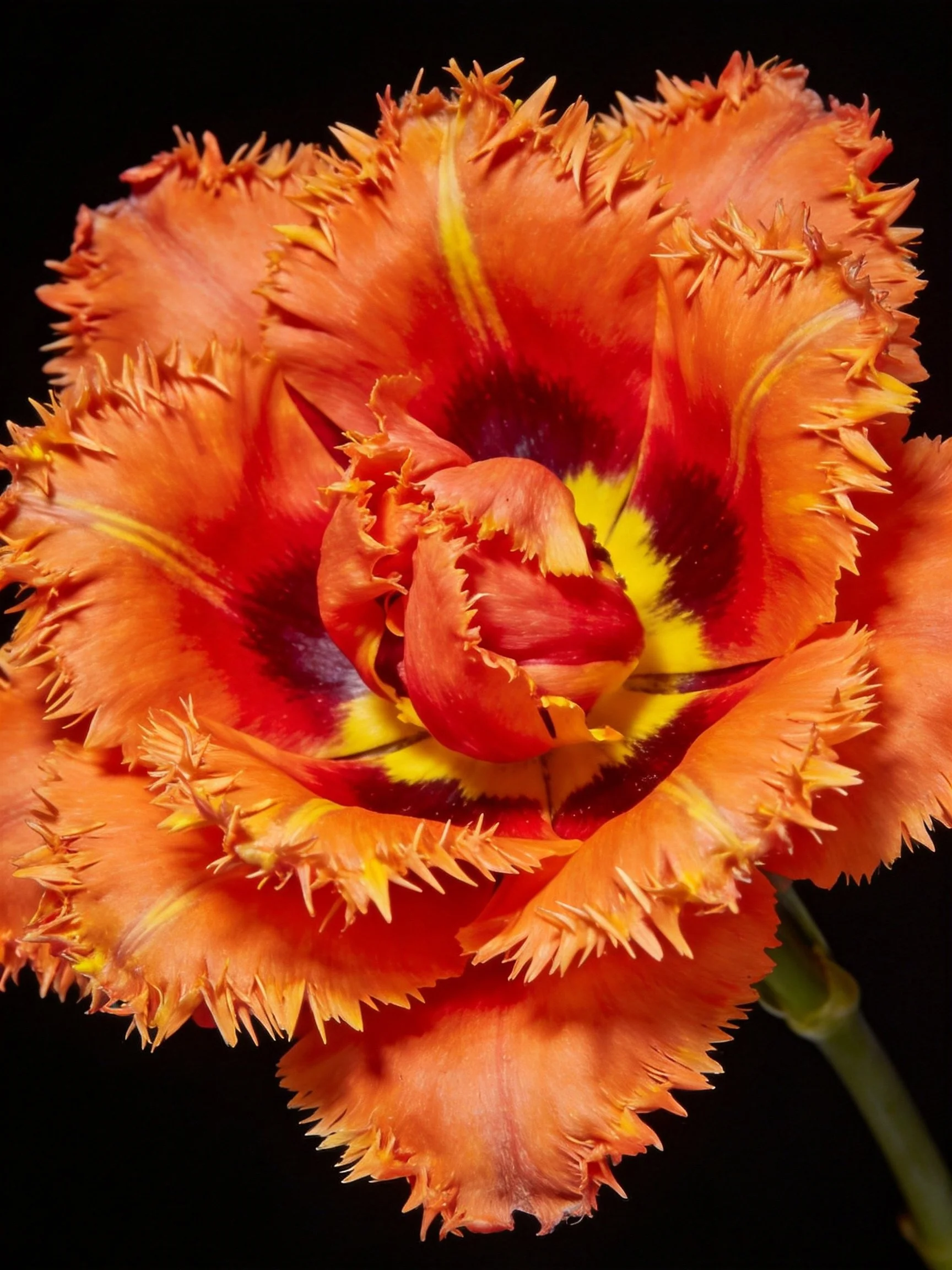 Vibrant fringed tulip with orange, red, and yellow petals