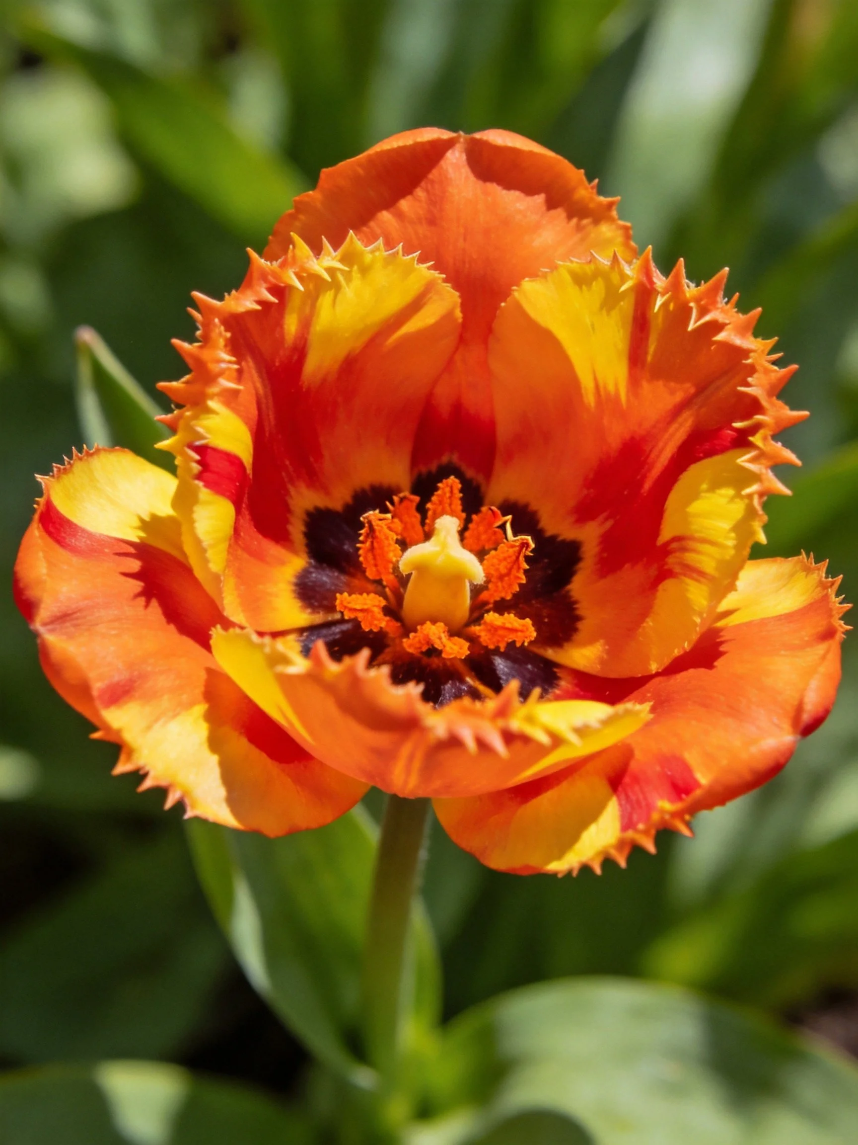 Vibrant fringed tulip with orange, yellow, and dark center