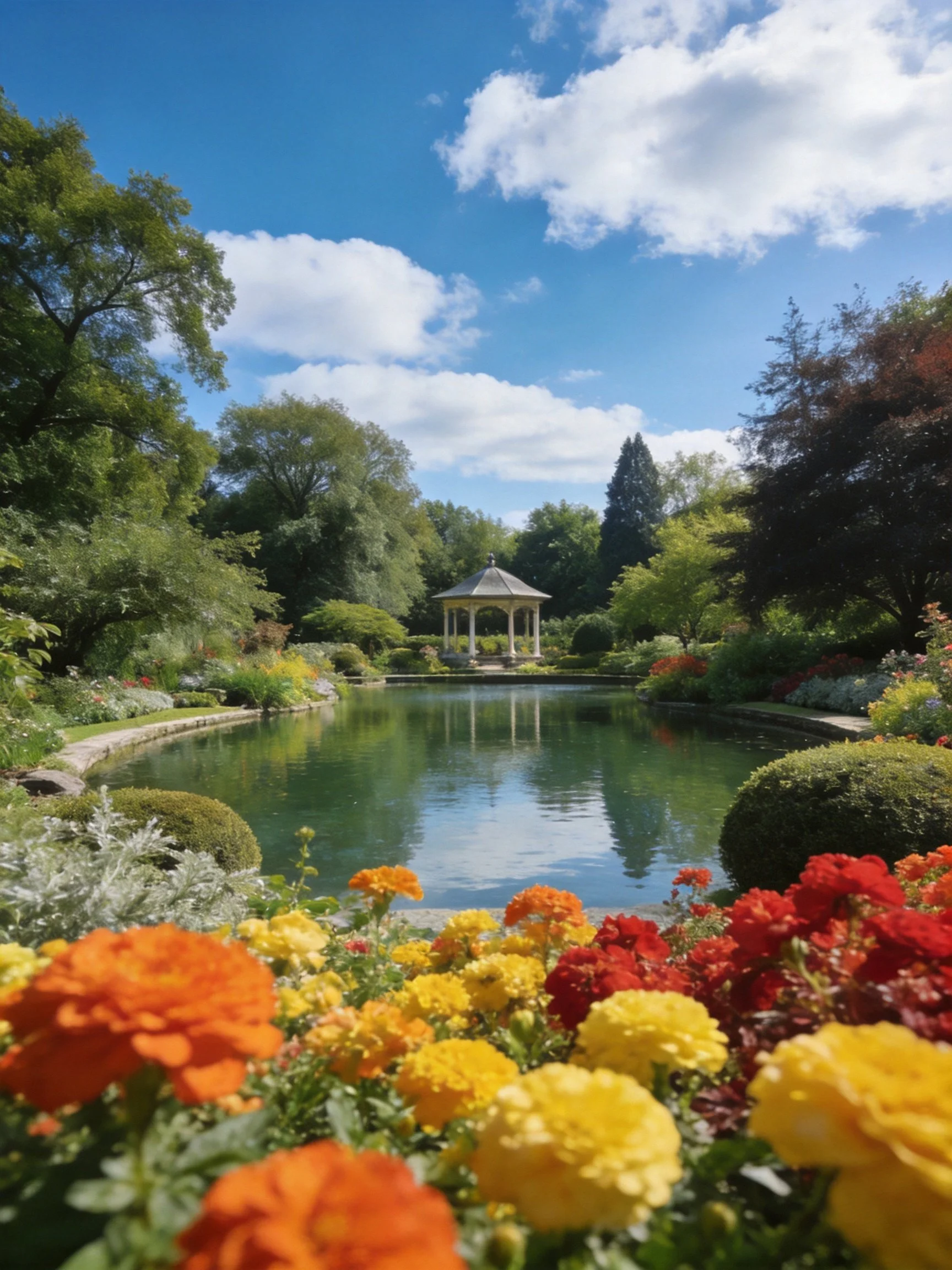 Vibrant garden with colorful blooms, a central pond, and a gazebo
