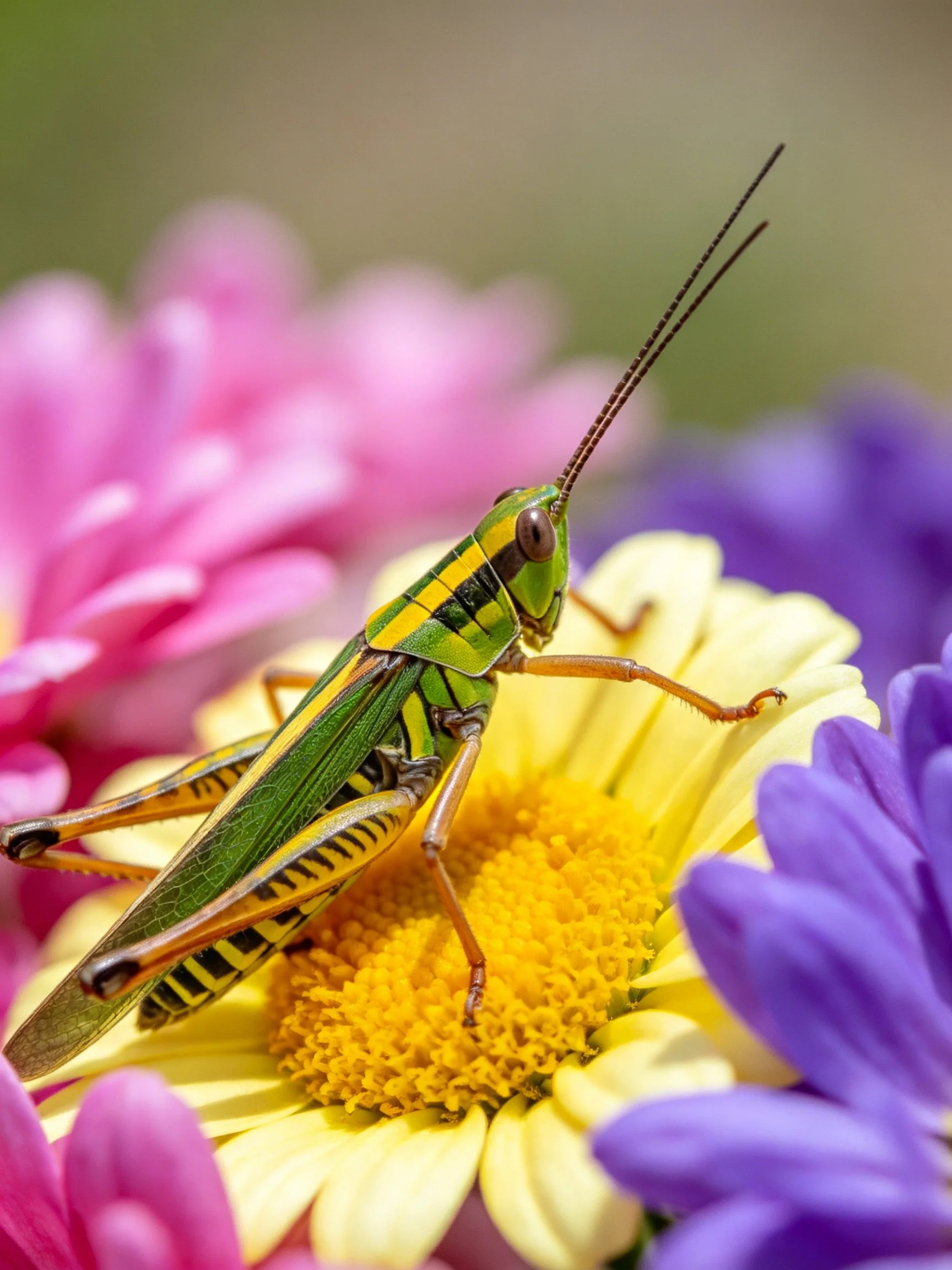 Vibrant green-yellow grasshopper on multicolored flower cluster
