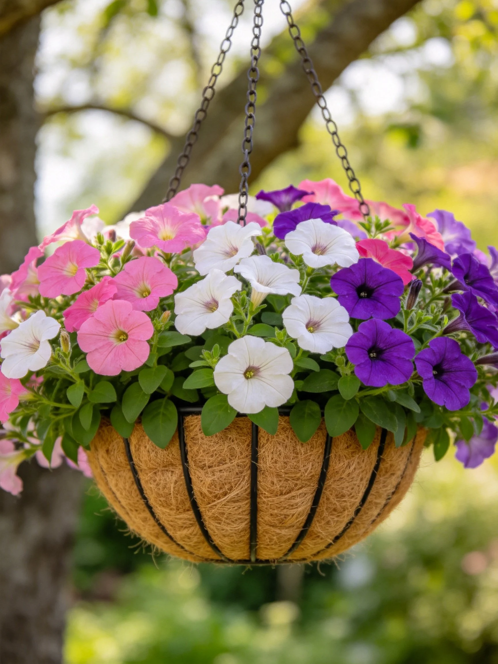 Vibrant hanging basket filled with pink, white, and purple petunias