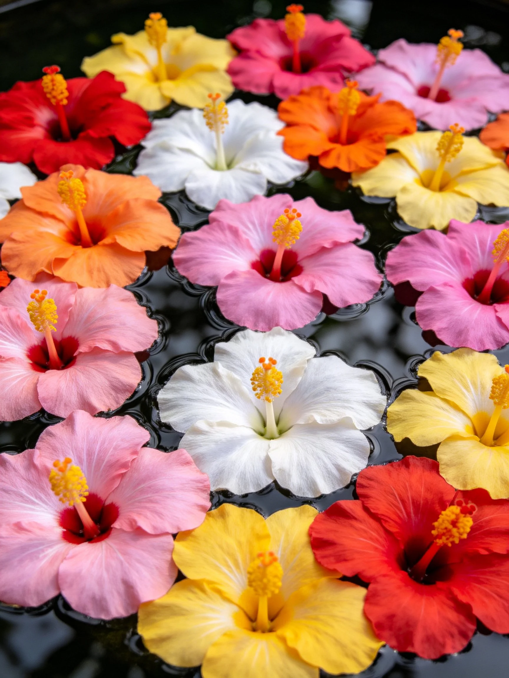 Vibrant hibiscus blooms of various colors float on dark water