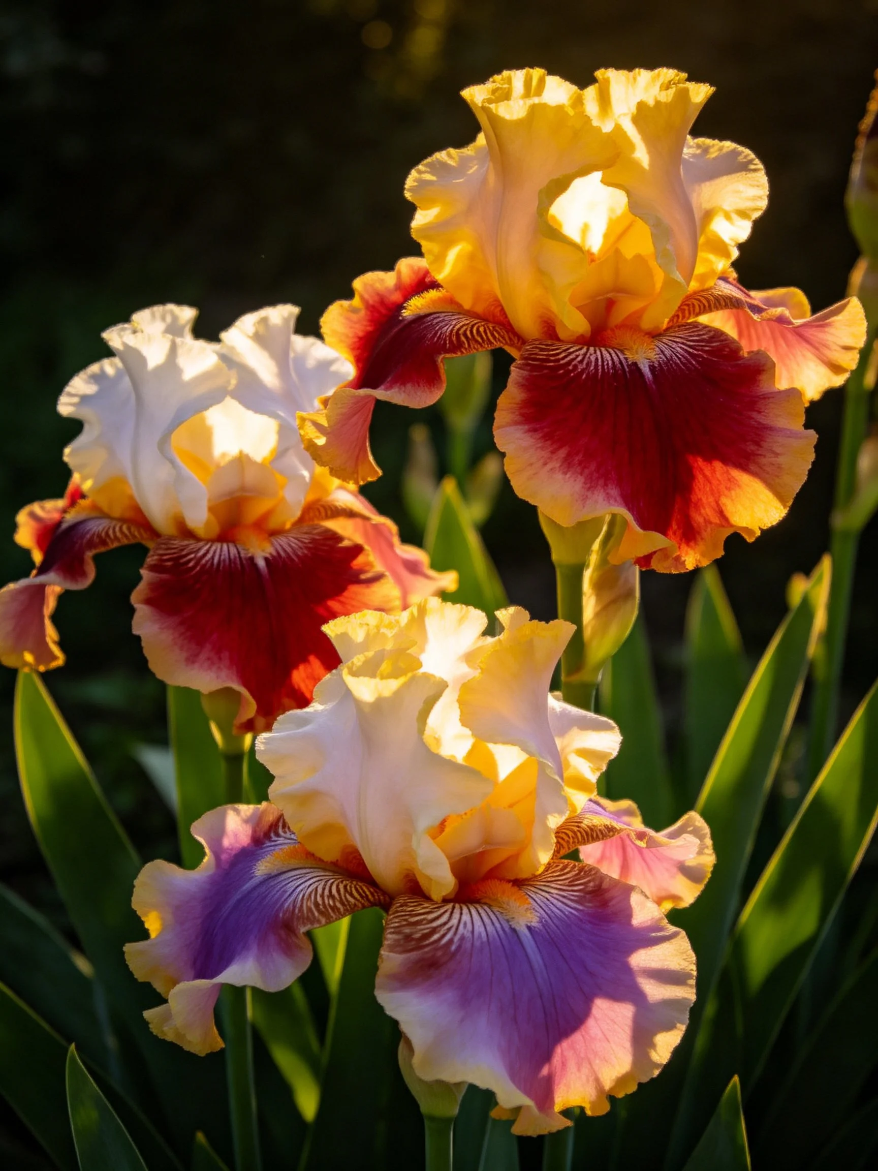 Vibrant iris flowers with yellow, red, and purple petals