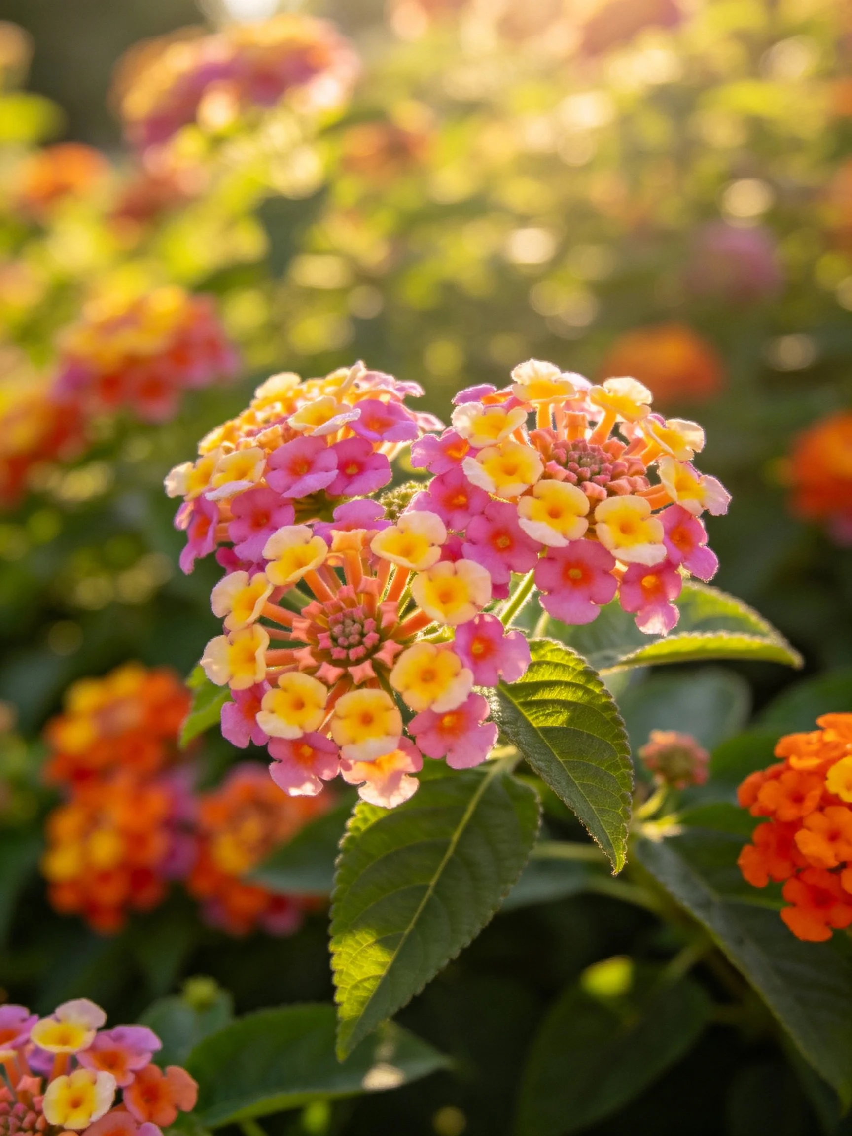 Vibrant lantana flower clusters in pink, yellow, orange with green foliage