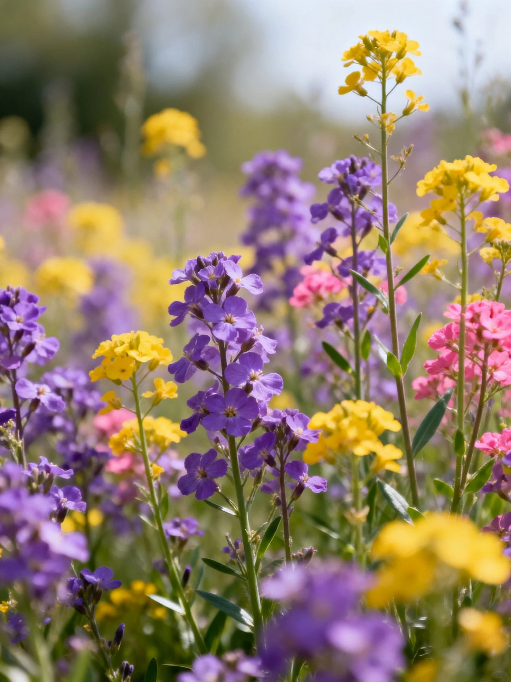 Vibrant mix of purple, yellow, pink wildflowers in sunny meadow