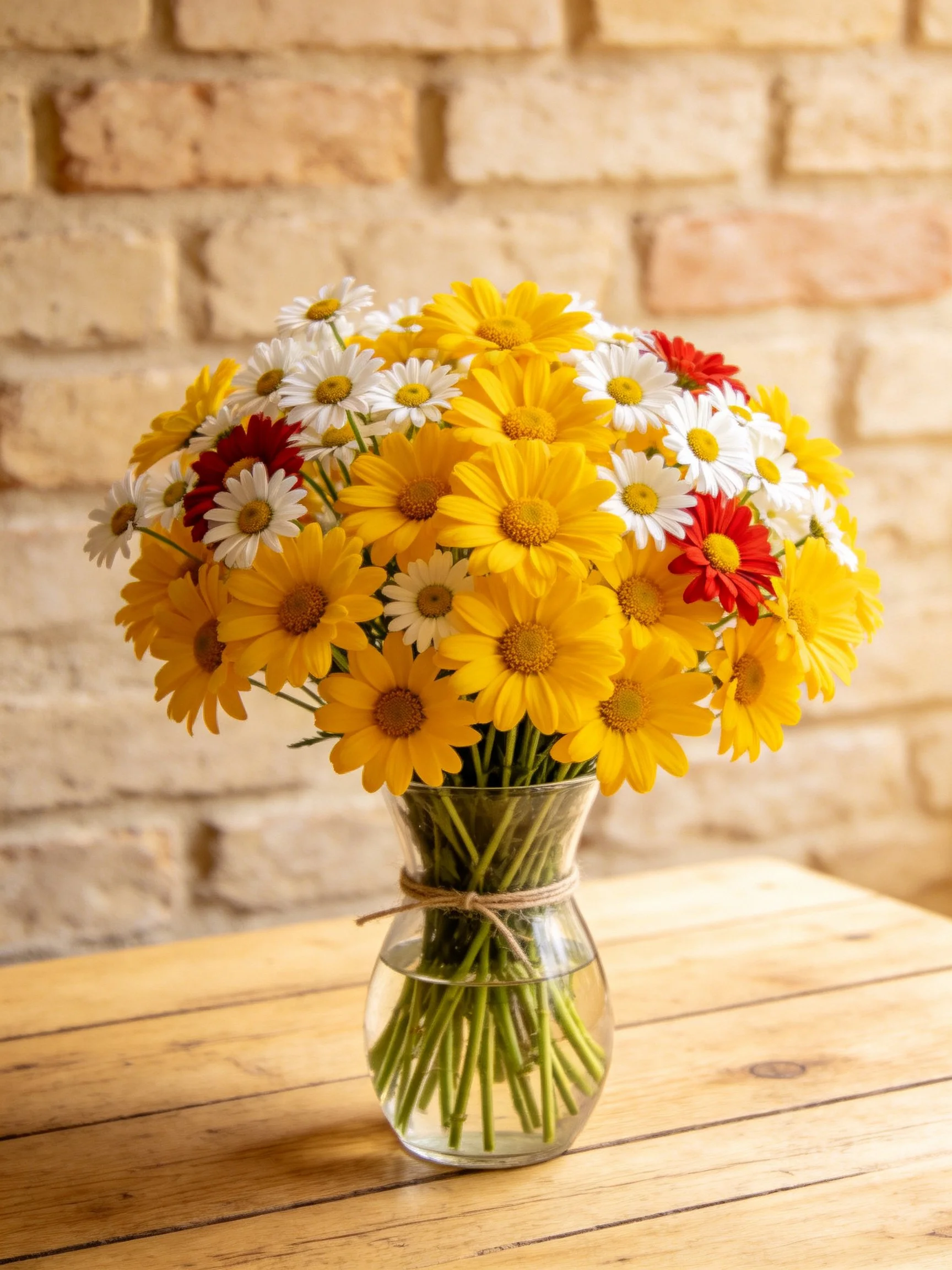 Vibrant mixed daisy bouquet in glass vase