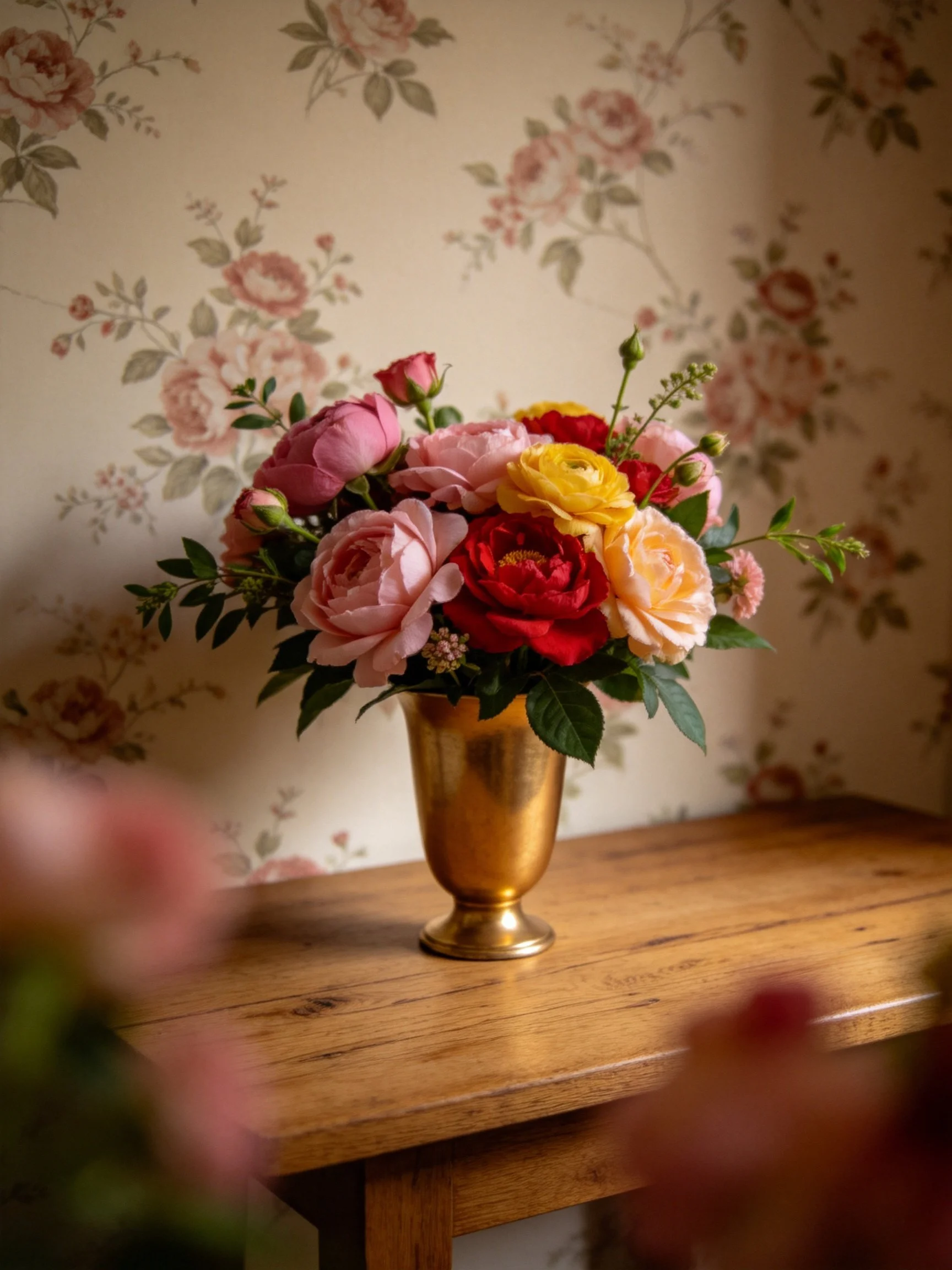 Vibrant mixed flower bouquet in golden vase on wooden table