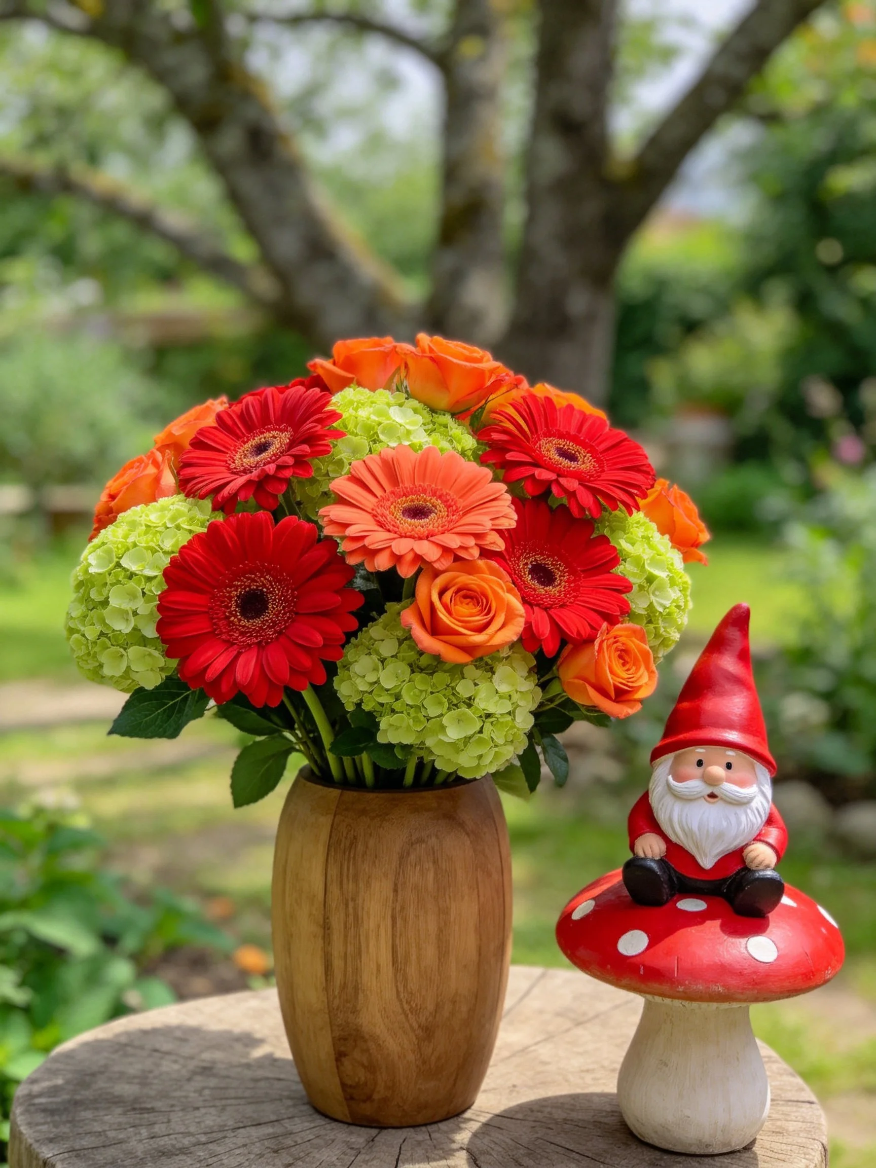 Vibrant mixed flowers in wooden vase beside gnome figurine on mushroom