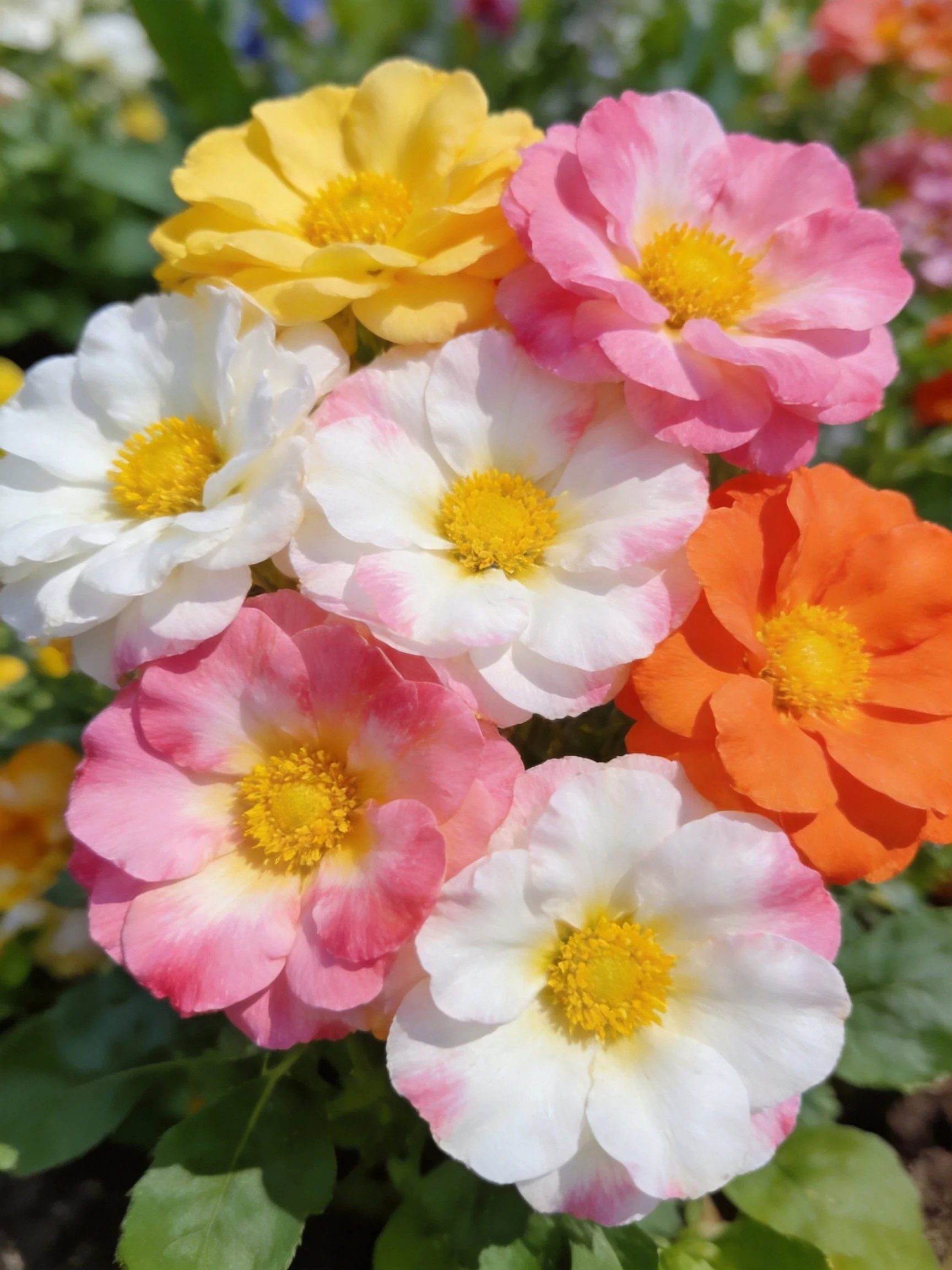 Vibrant multicolor flower cluster with yellow centers