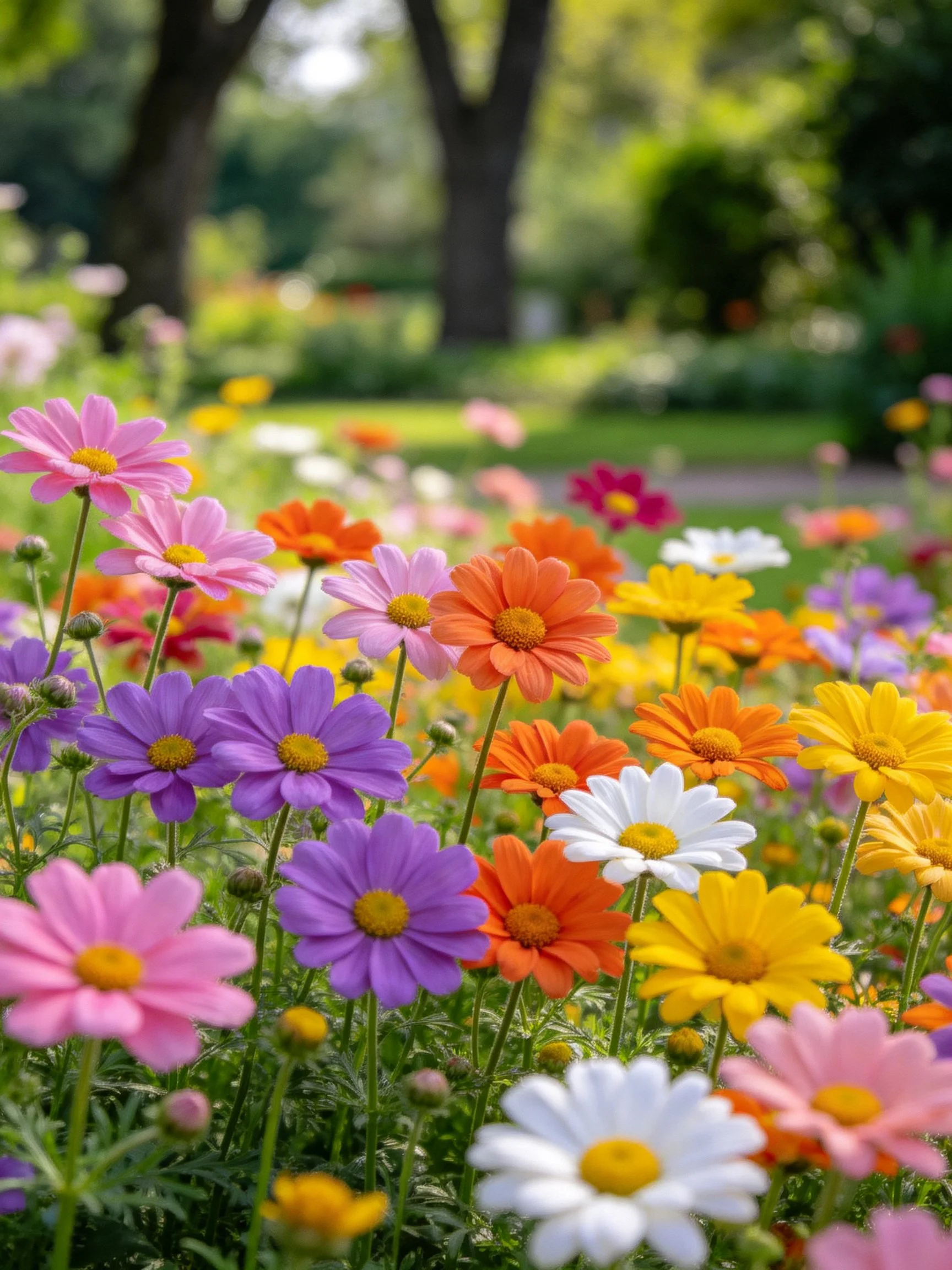 Vibrant multicolored daisies fill a sunlit garden