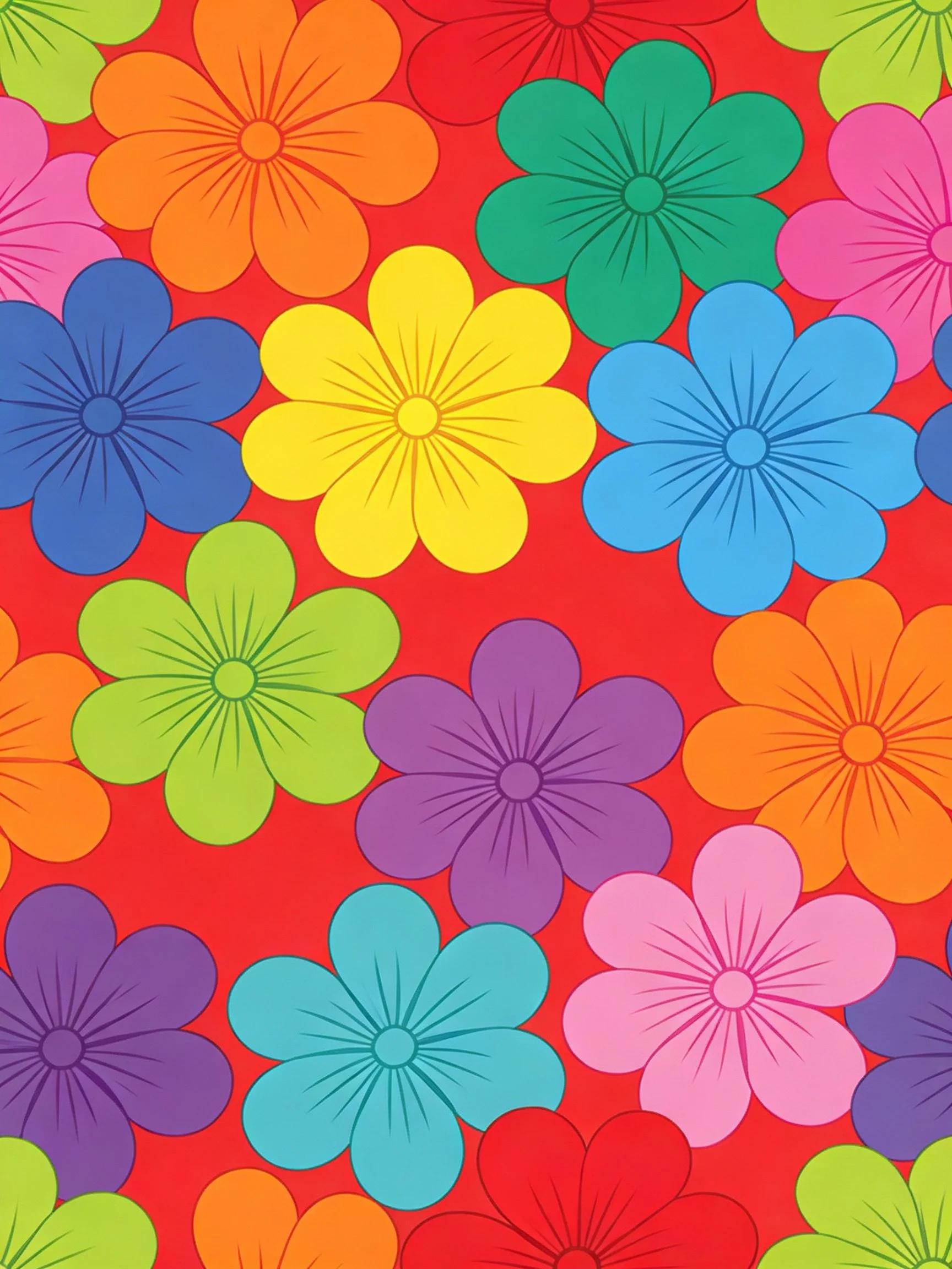 Vibrant multicolored five - petaled flowers scattered across red background