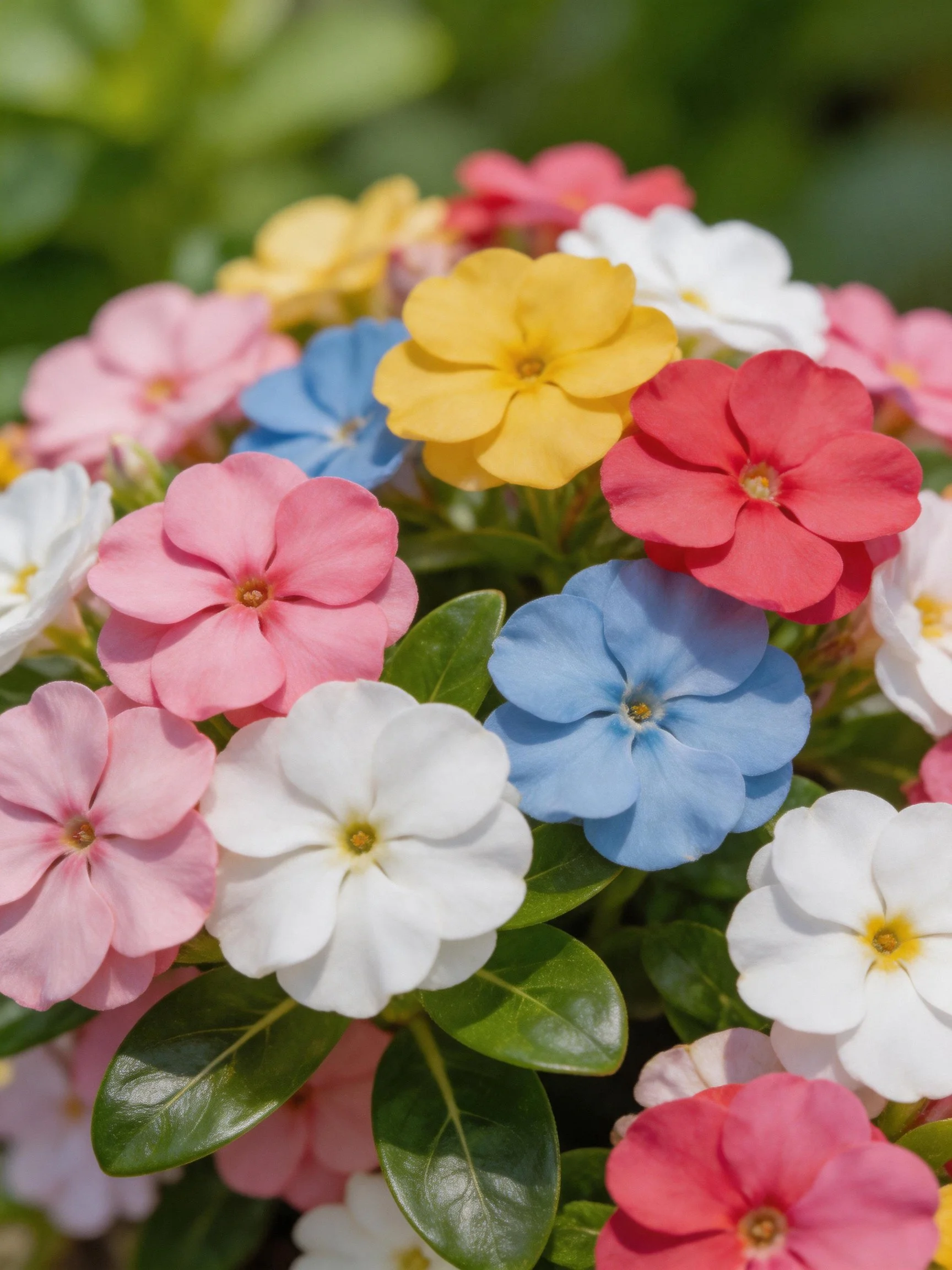 Vibrant multicolored flower cluster with pink, white, blue, yellow, red blooms