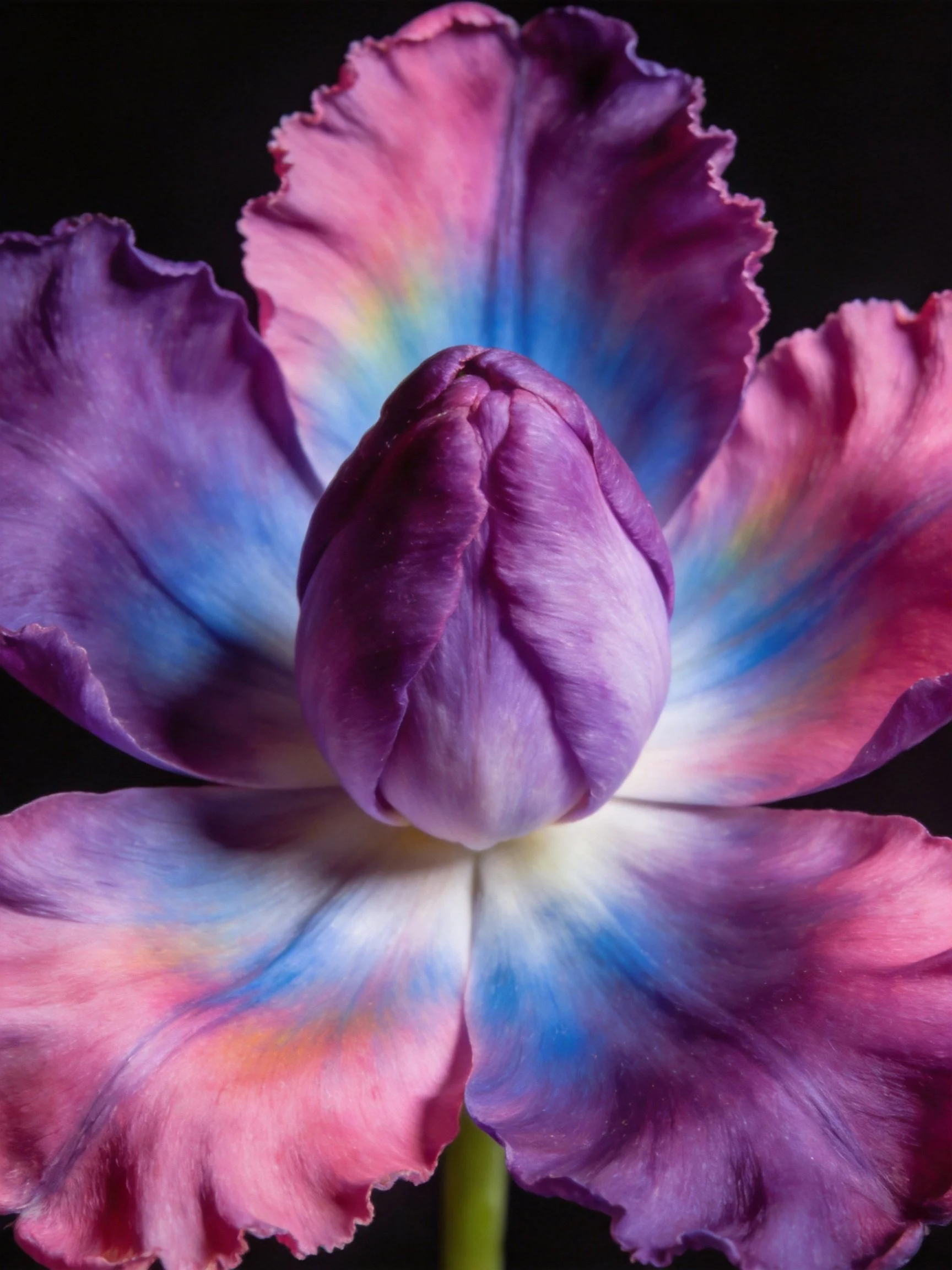 Vibrant multicolored flower with ruffled petals and central bud
