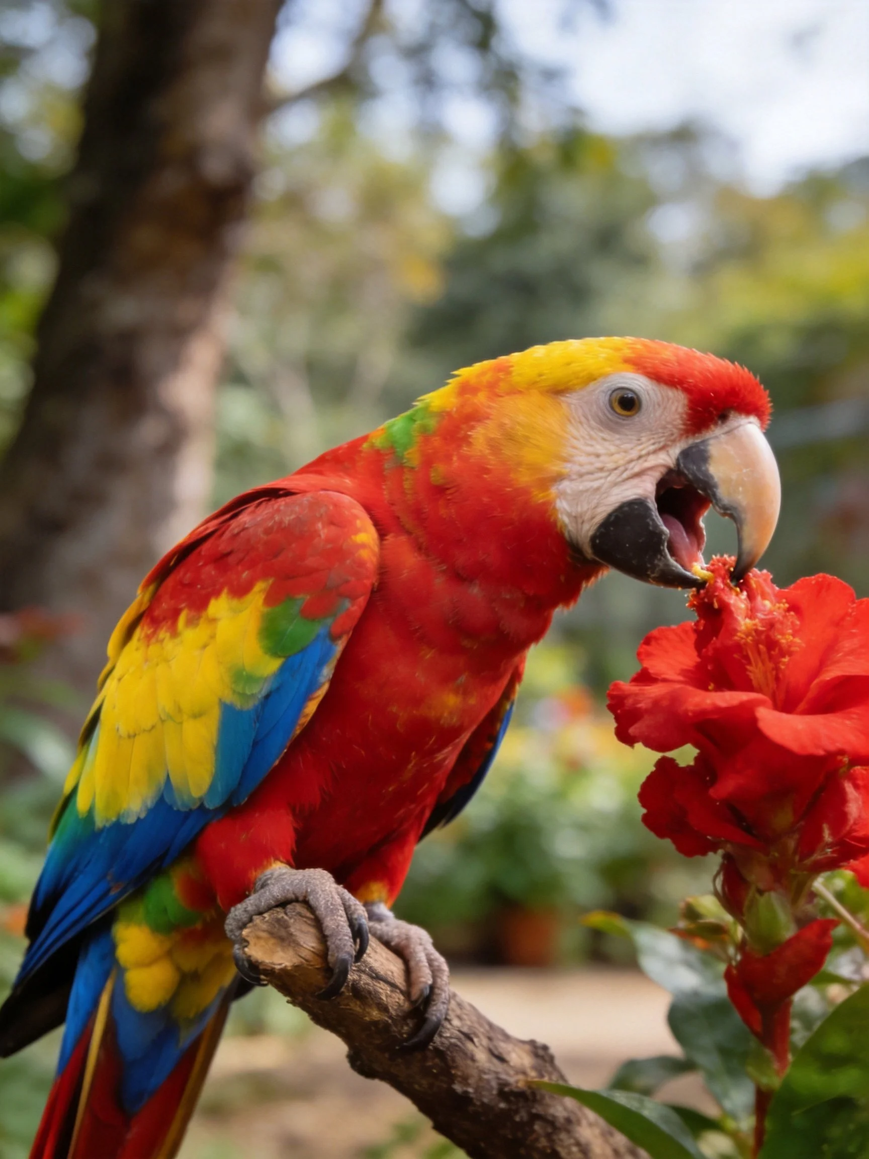 Vibrant multicolored parrot feeding on red flower