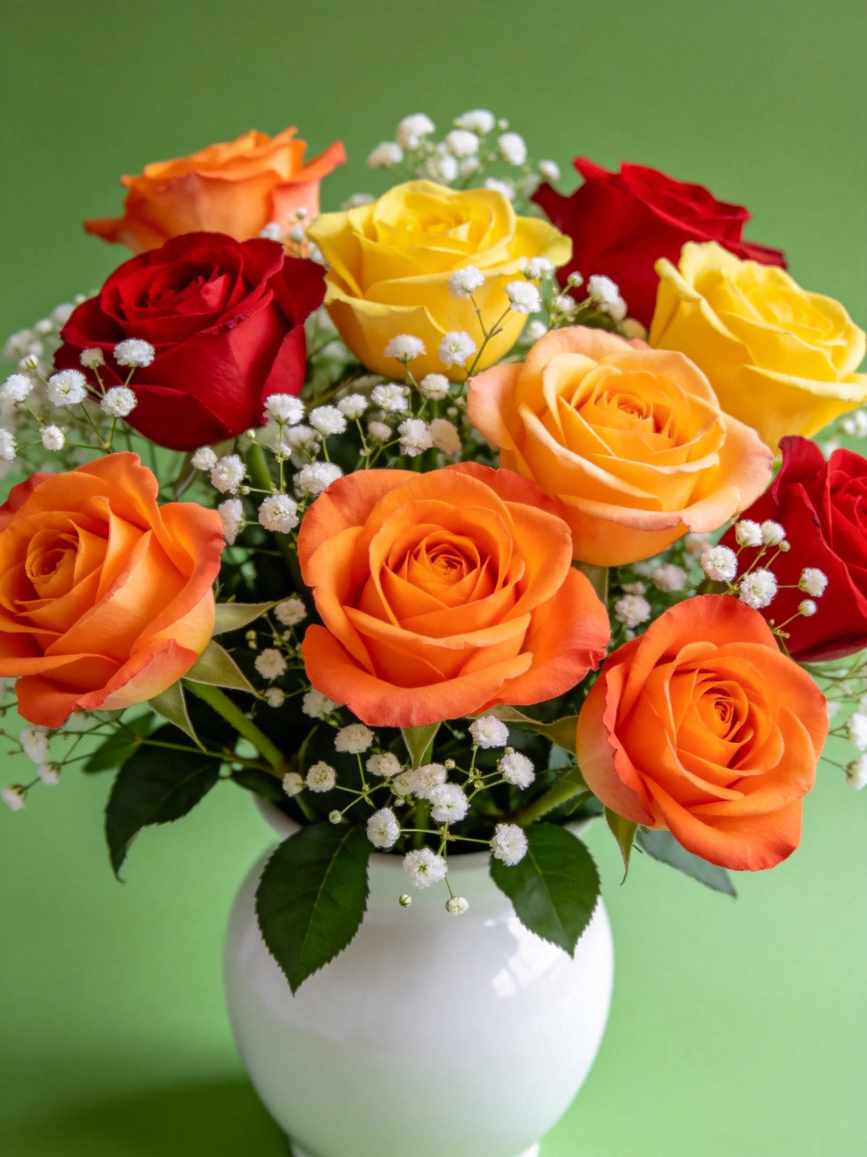 Vibrant multicolored roses and baby’s breath in a white vase