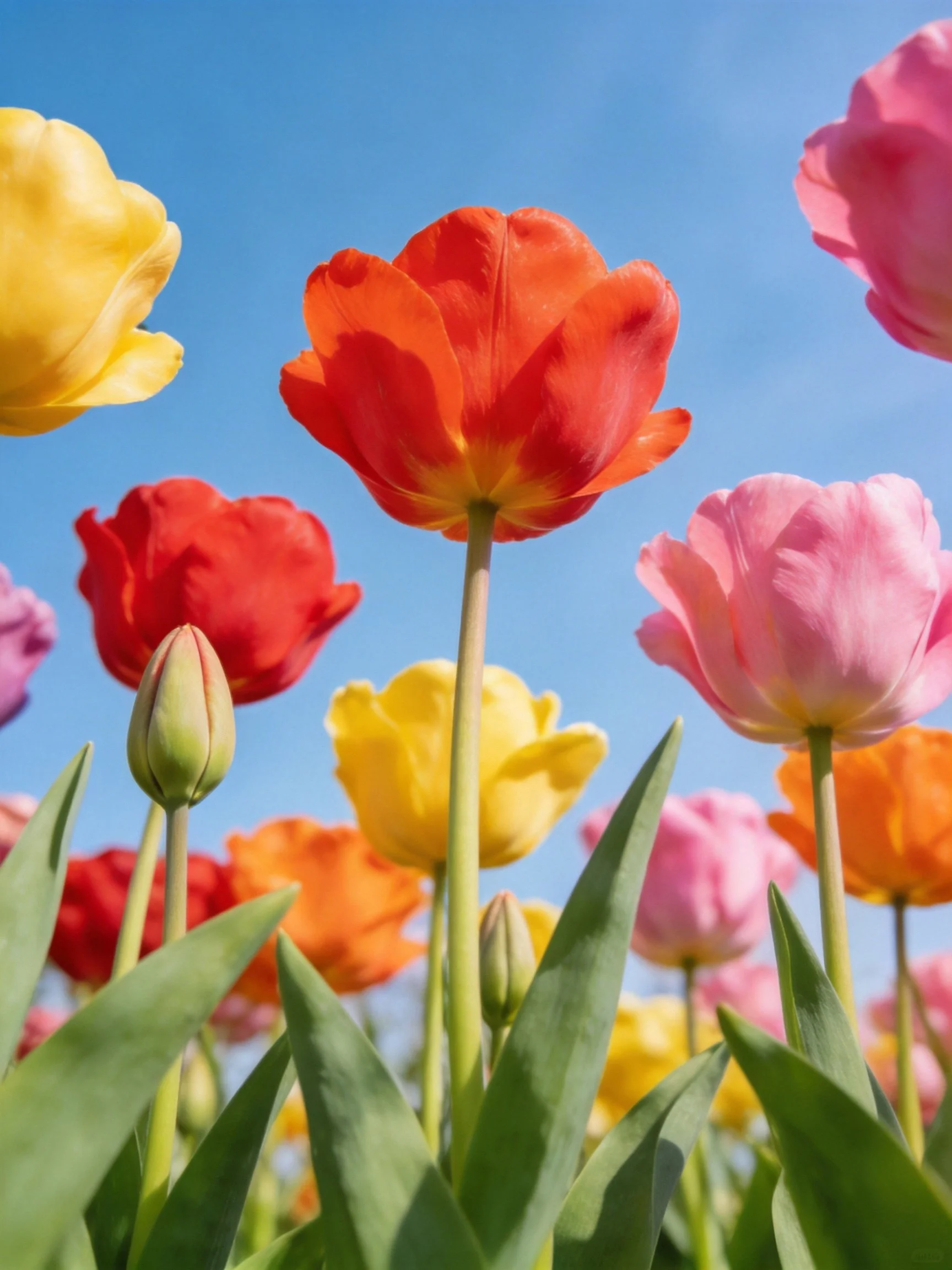 Vibrant multicolored tulips blooming under clear blue sky