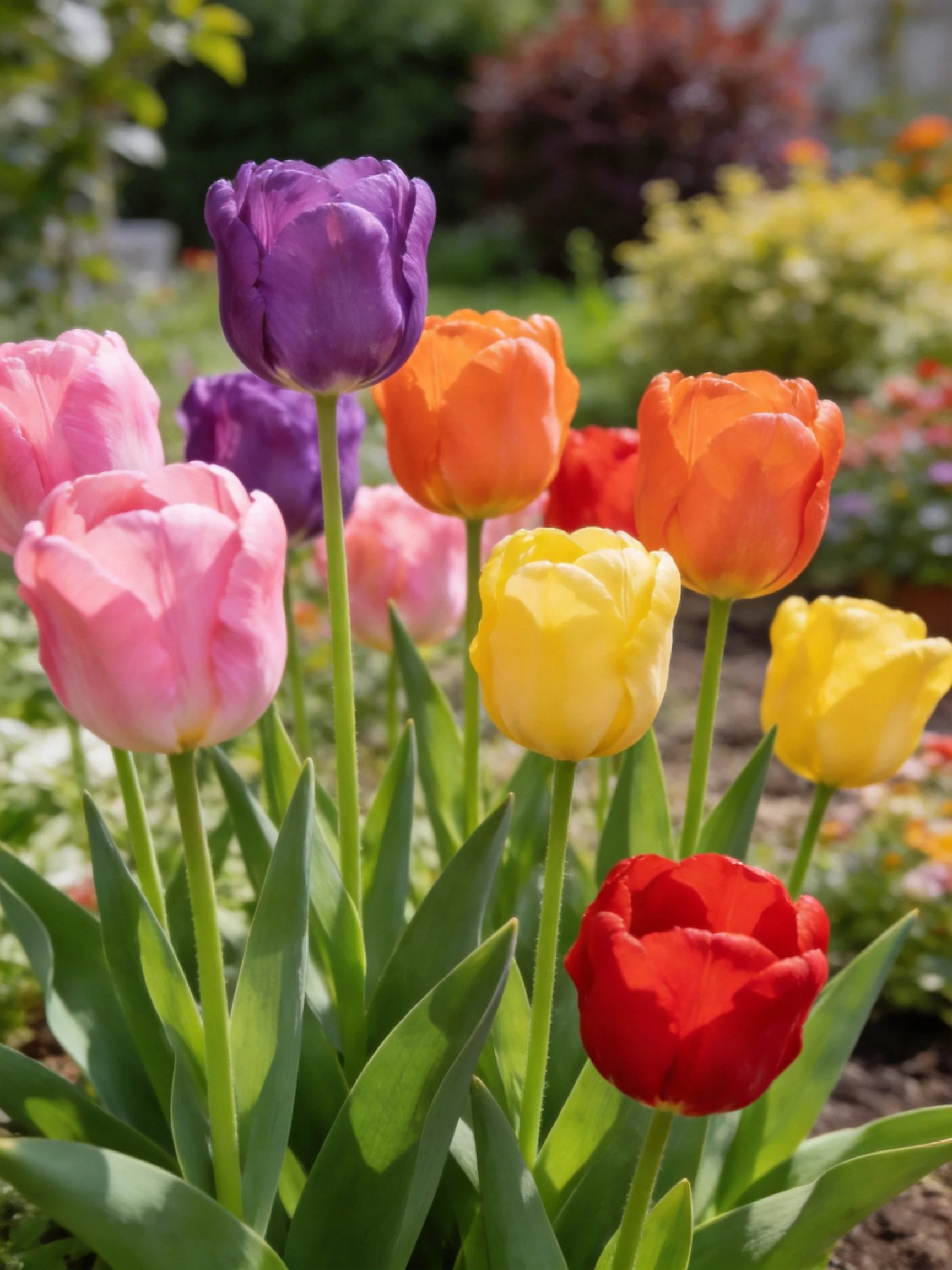 Vibrant multicolored tulips in a sunlit garden
