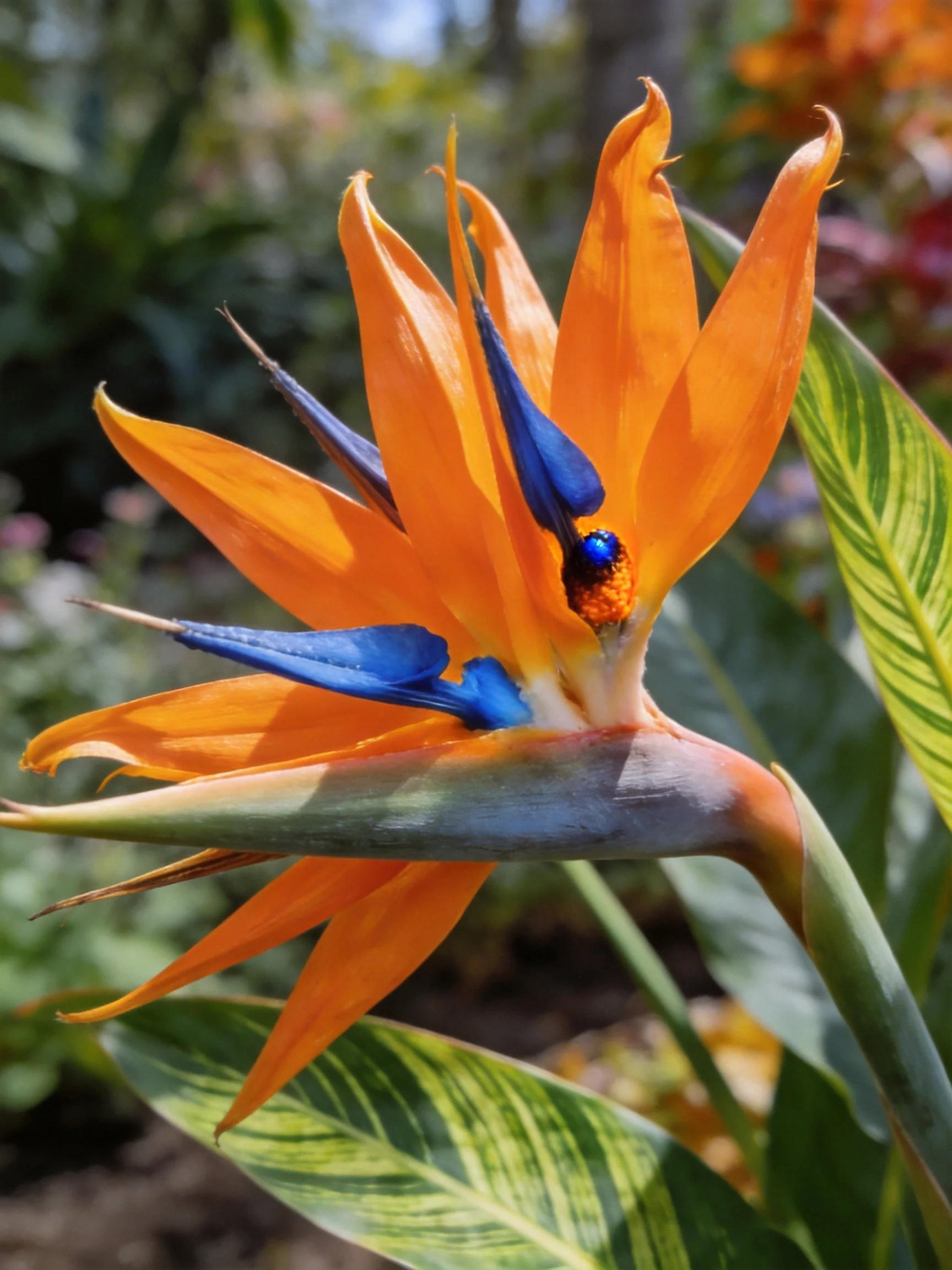 Vibrant orange and blue bird of paradise flower with striped leaves