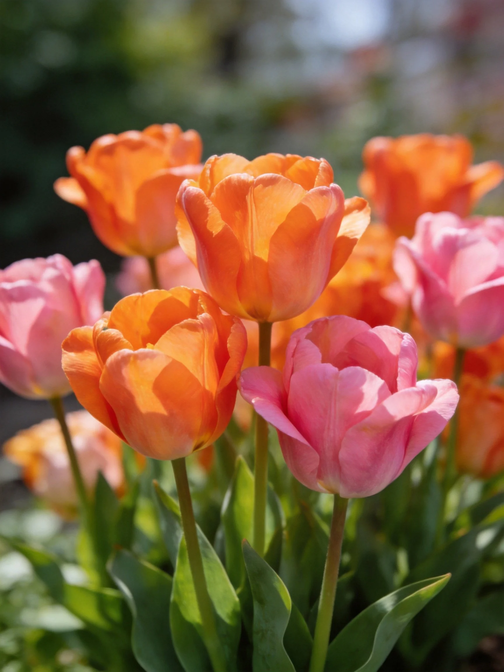 Vibrant orange and pink tulips blooming in a sunlit garden