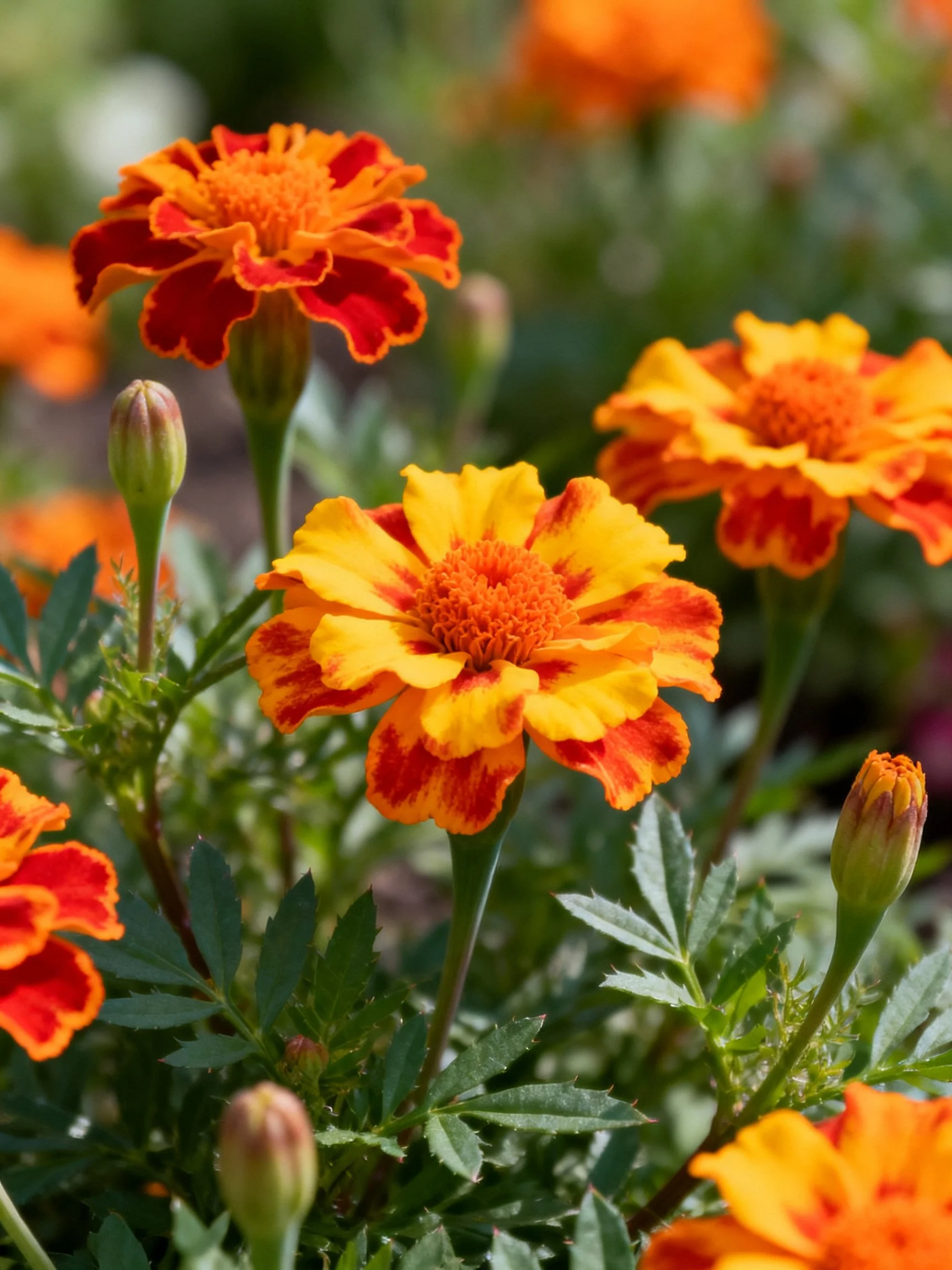 Vibrant orange and red marigolds bloom amid lush green foliage with unopened buds
