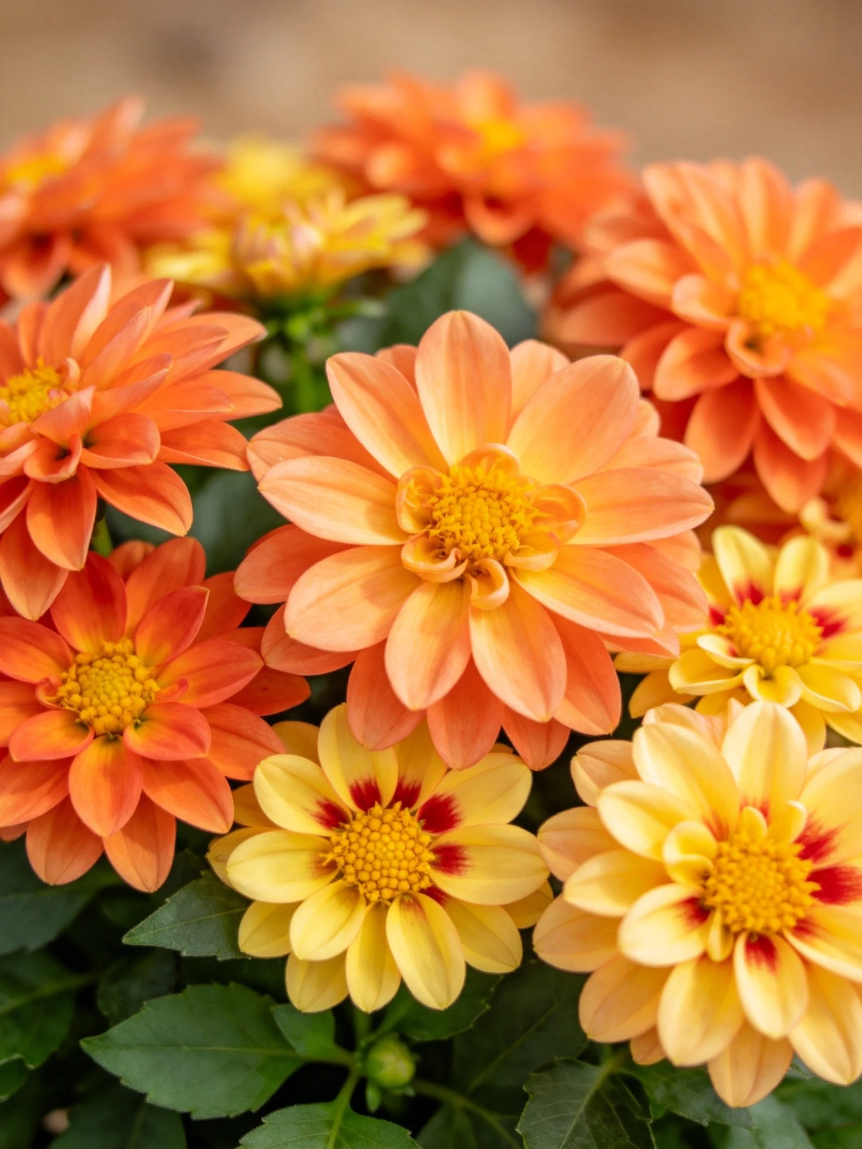 Vibrant orange and yellow dahlia blooms clustered among green foliage