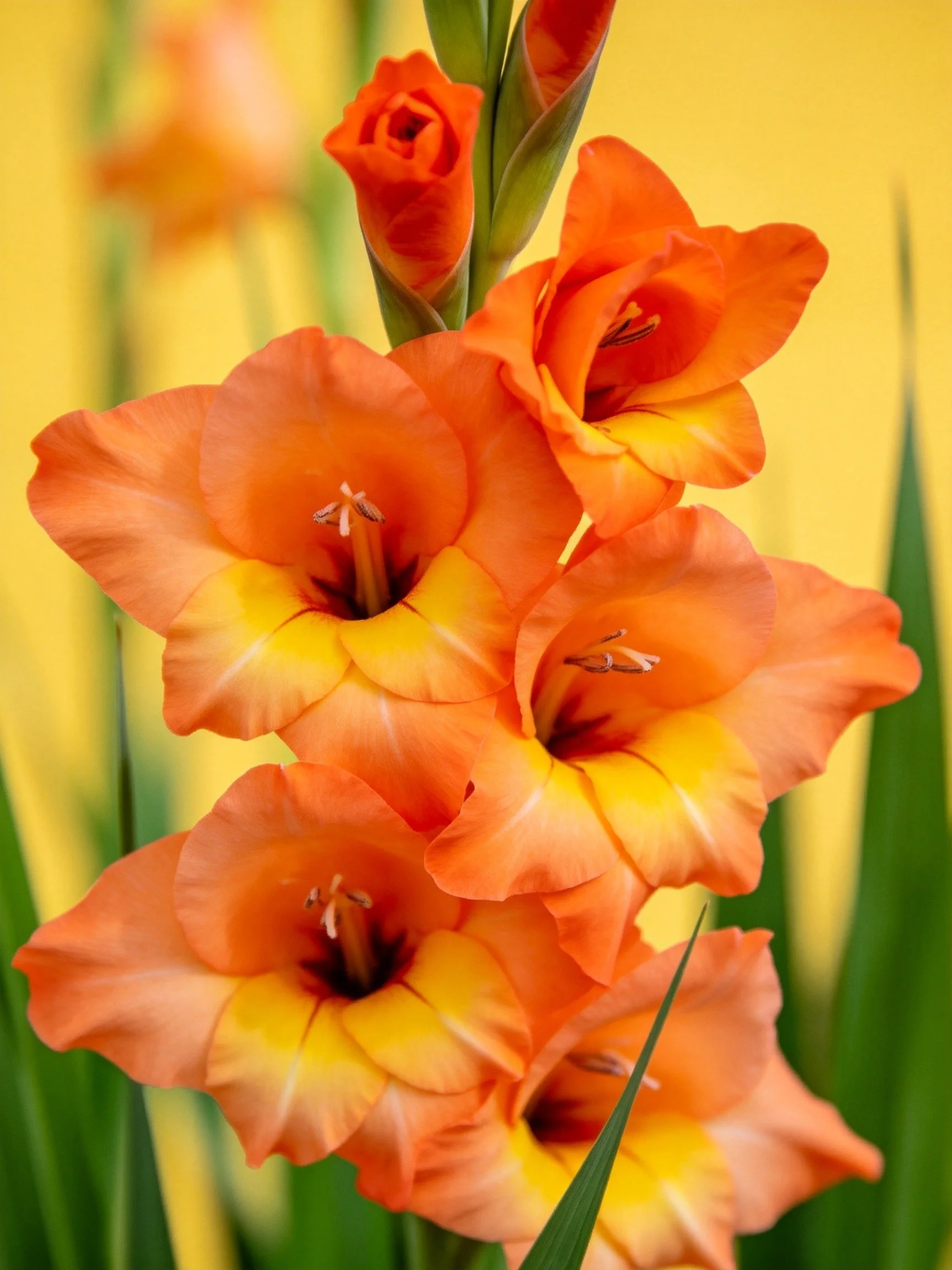 Vibrant orange and yellow gladiolus blooms with green foliage