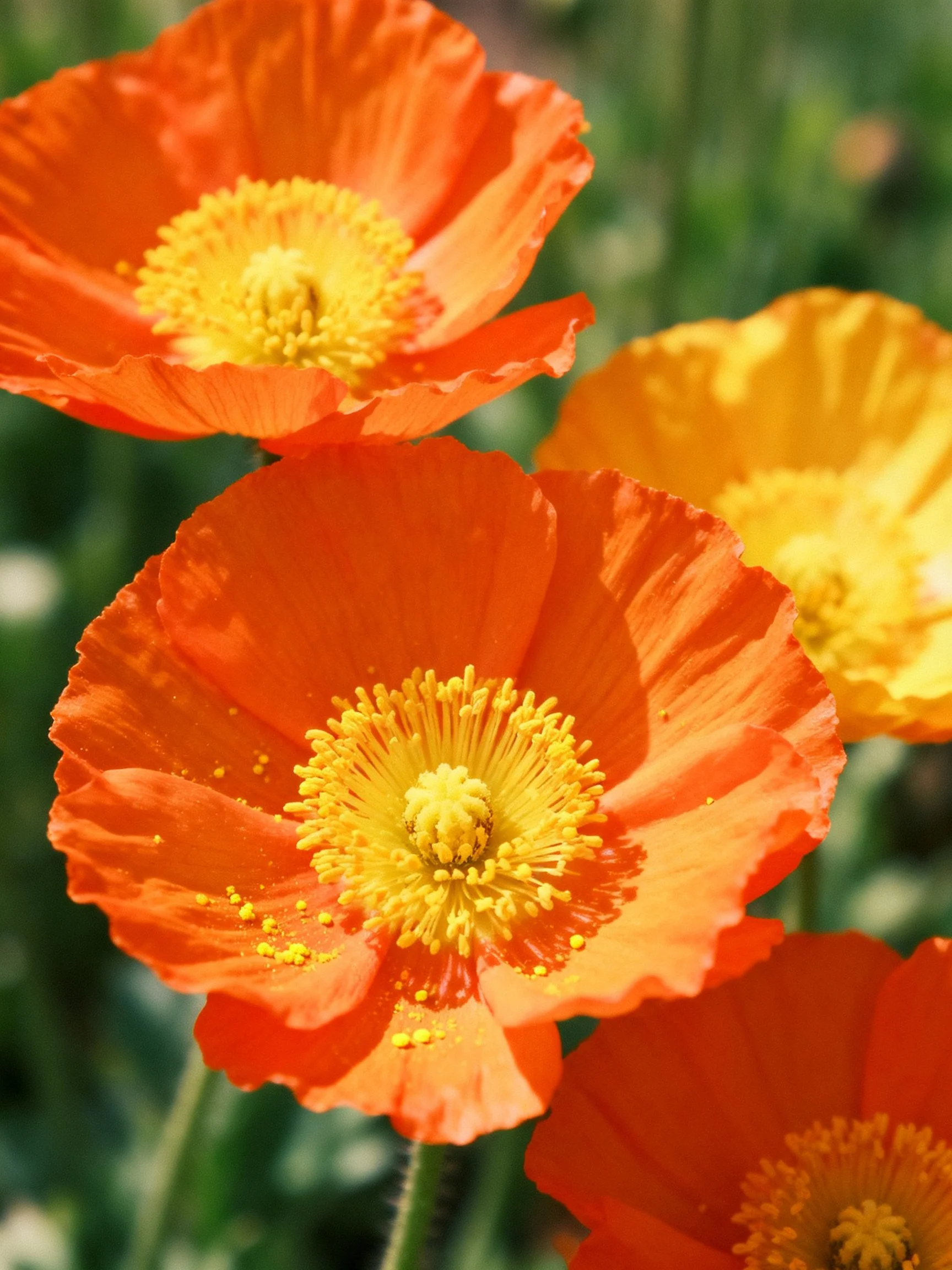 Vibrant orange and yellow poppies with bright yellow centers