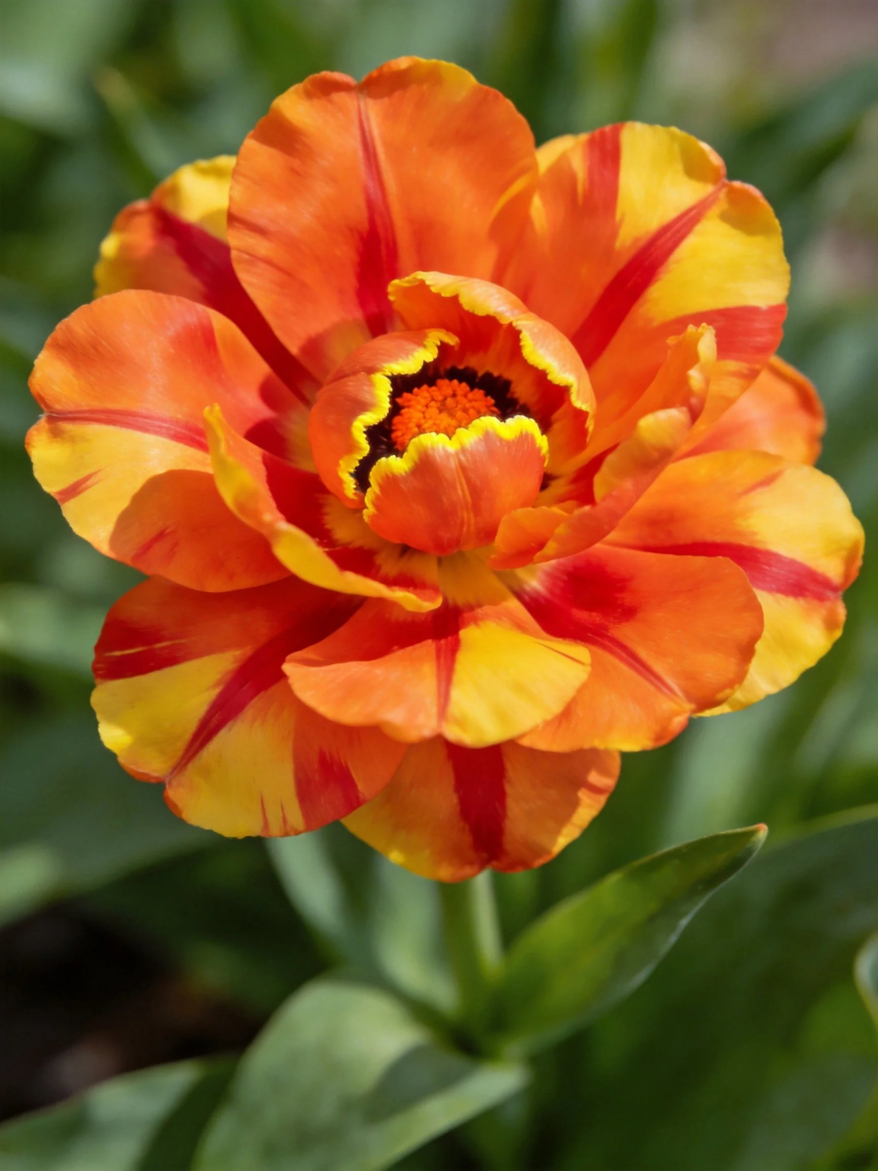 Vibrant orange and yellow striped flower with layered petals