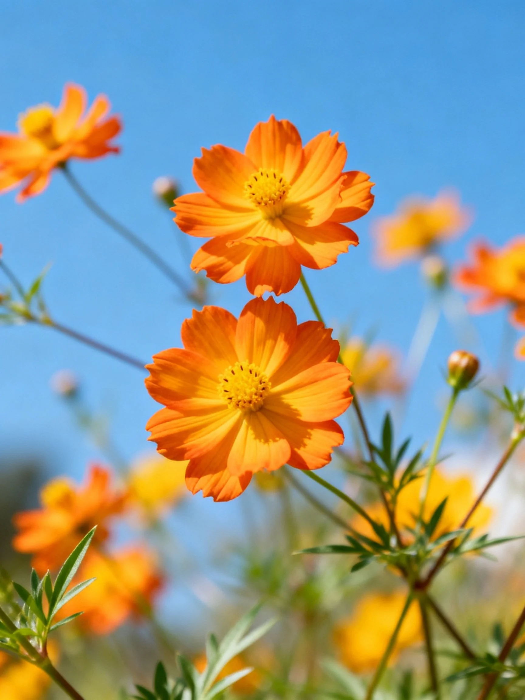 Vibrant orange cosmos blooms against a clear blue sky