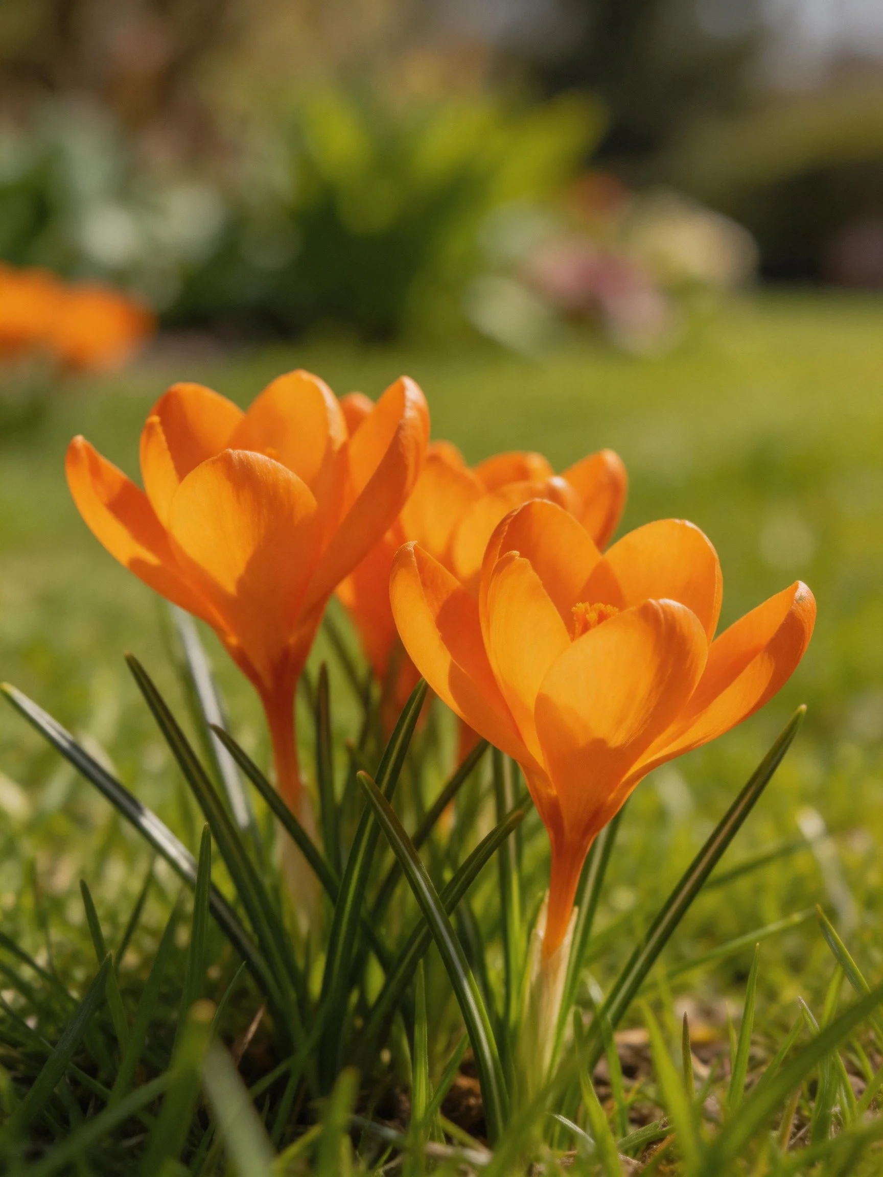 Vibrant orange crocus flowers bloom amid lush green grass