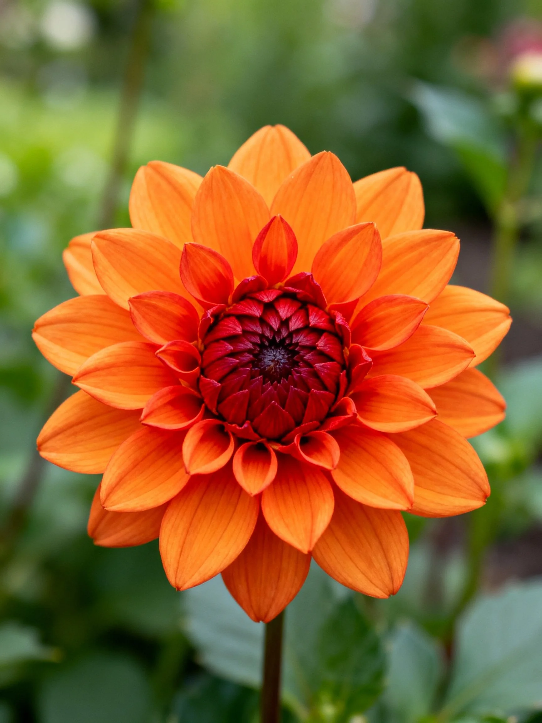 Vibrant orange dahlia with deep red center