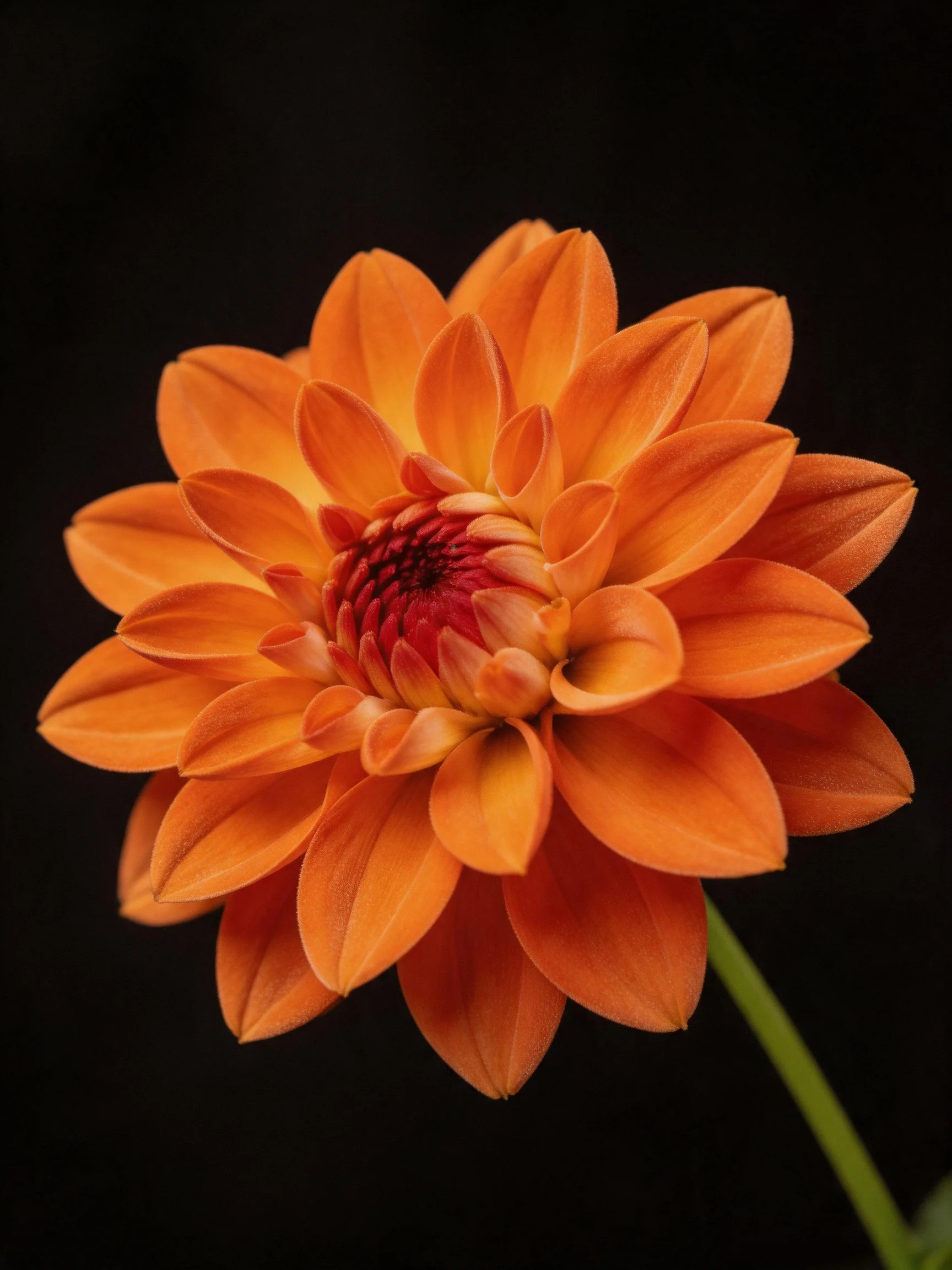 Vibrant orange dahlia with layered petals against black backdrop