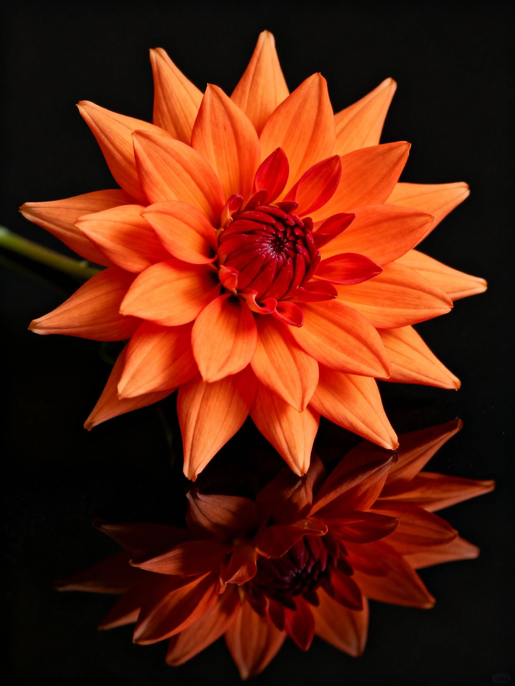 Vibrant orange dahlia with layered petals and dark center