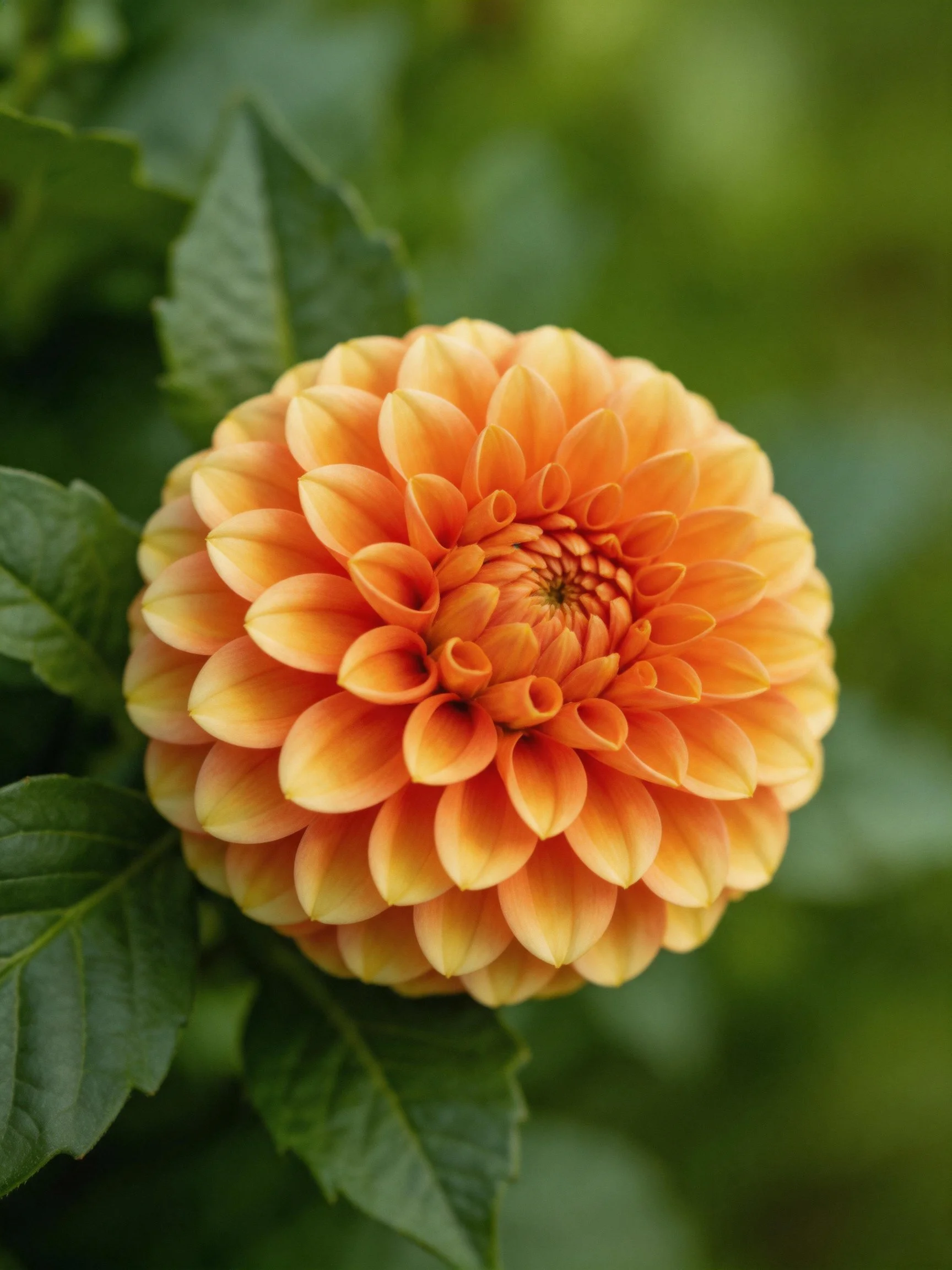 Vibrant orange dahlia with layered petals and lush green foliage