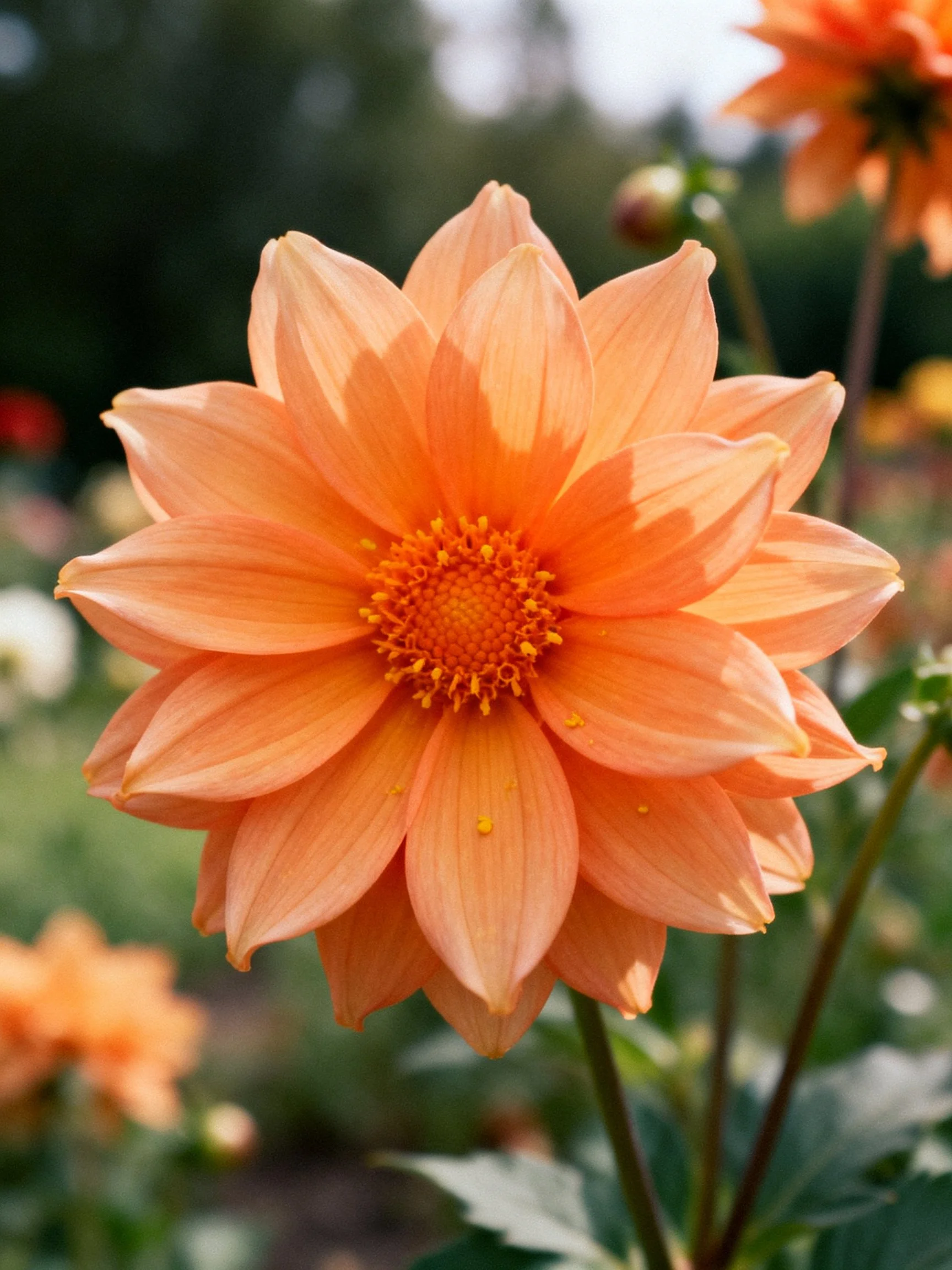 Vibrant orange dahlia with layered petals in a sunlit garden