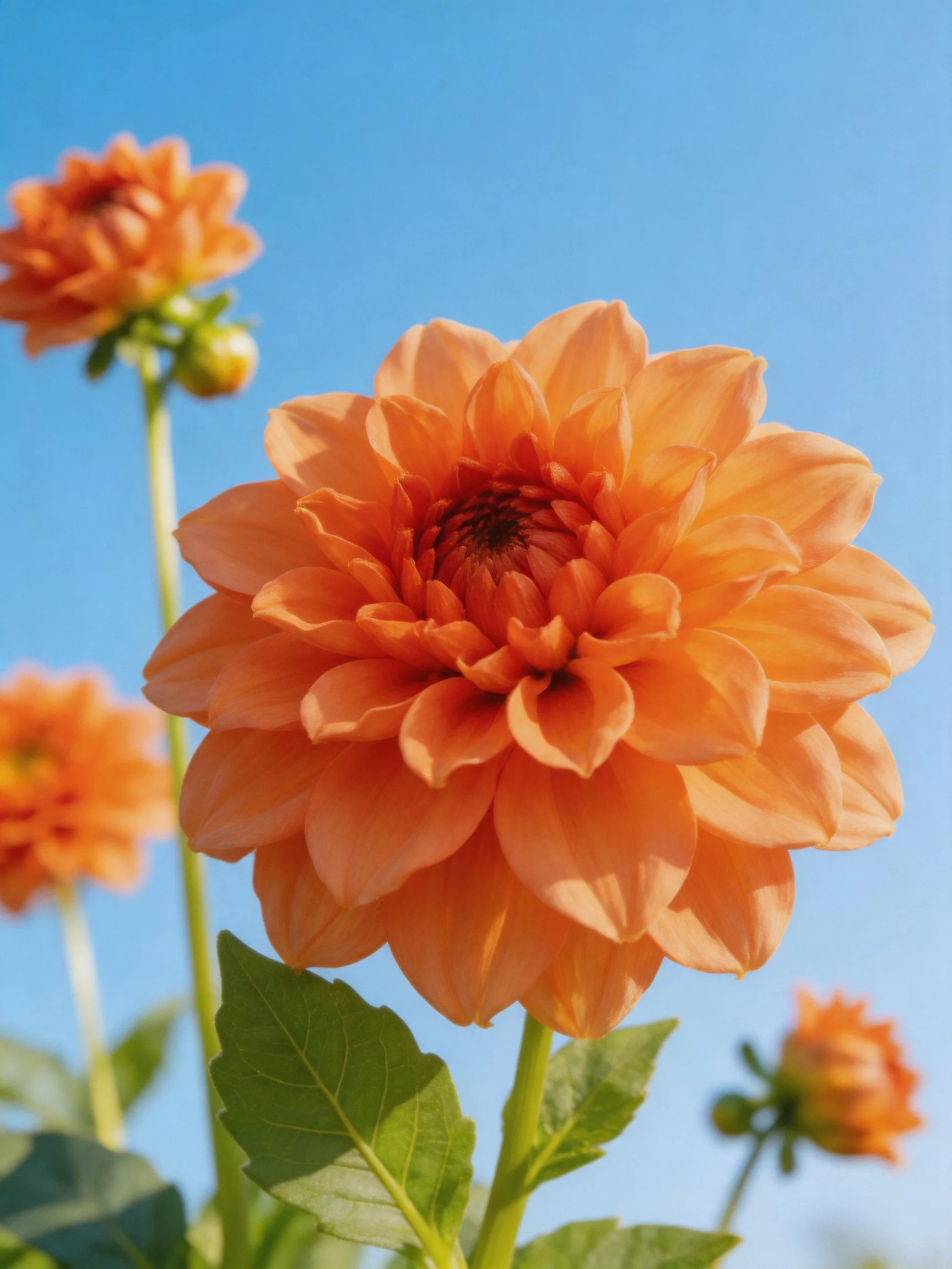Vibrant orange dahlias bloom against a clear blue sky