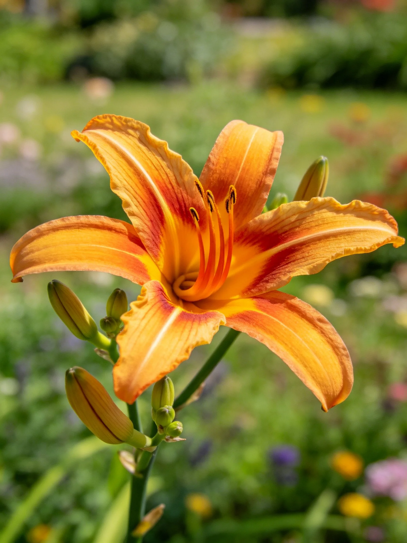 Vibrant orange daylily with reddish stripes amid green foliage