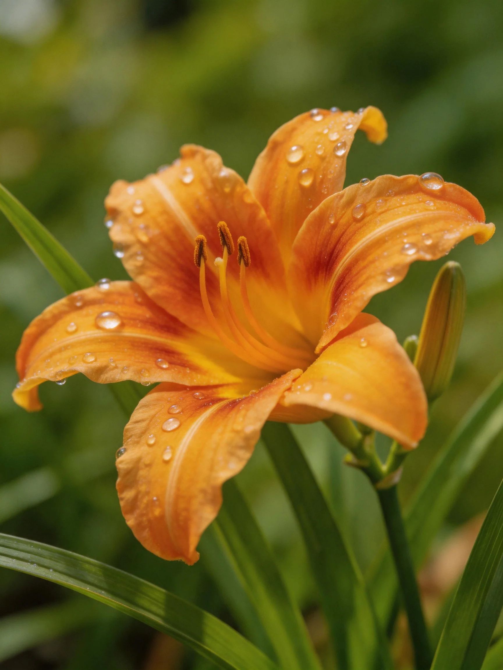 Vibrant orange daylily with water droplets, surrounded by green foliage