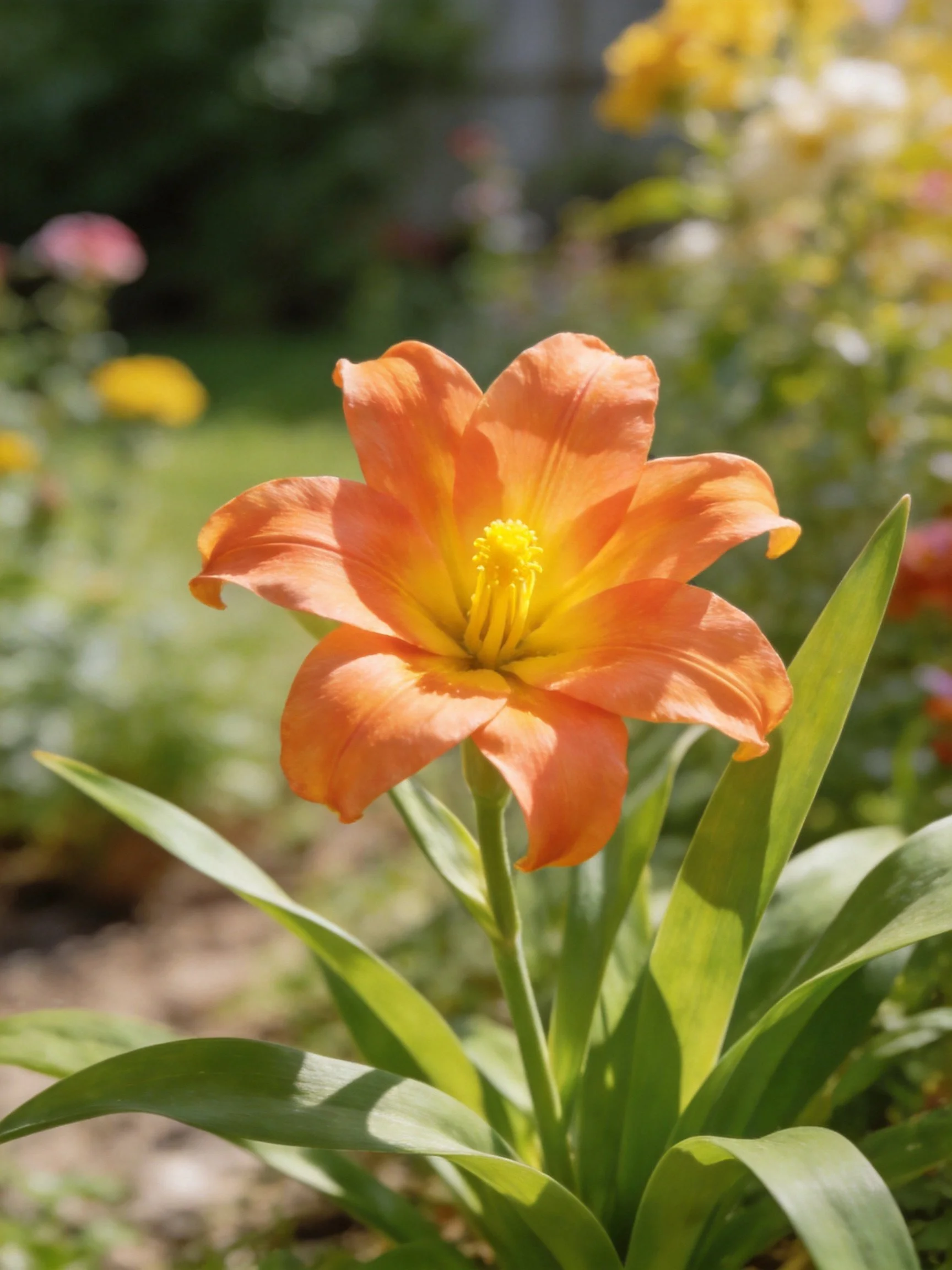 Vibrant orange flower centered among green leaves in sunlit garden