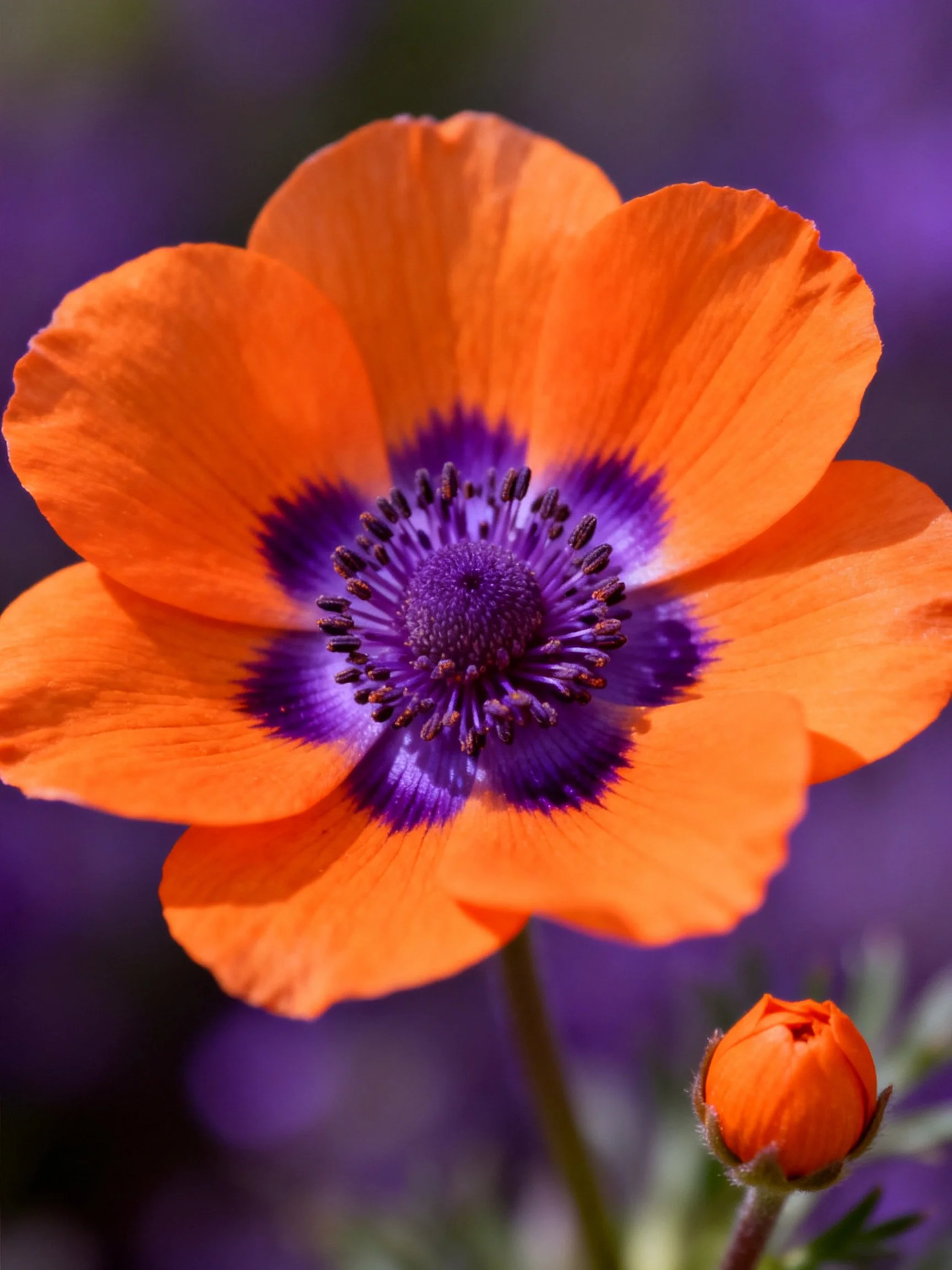 Vibrant orange flower with bold purple center and unopened bud