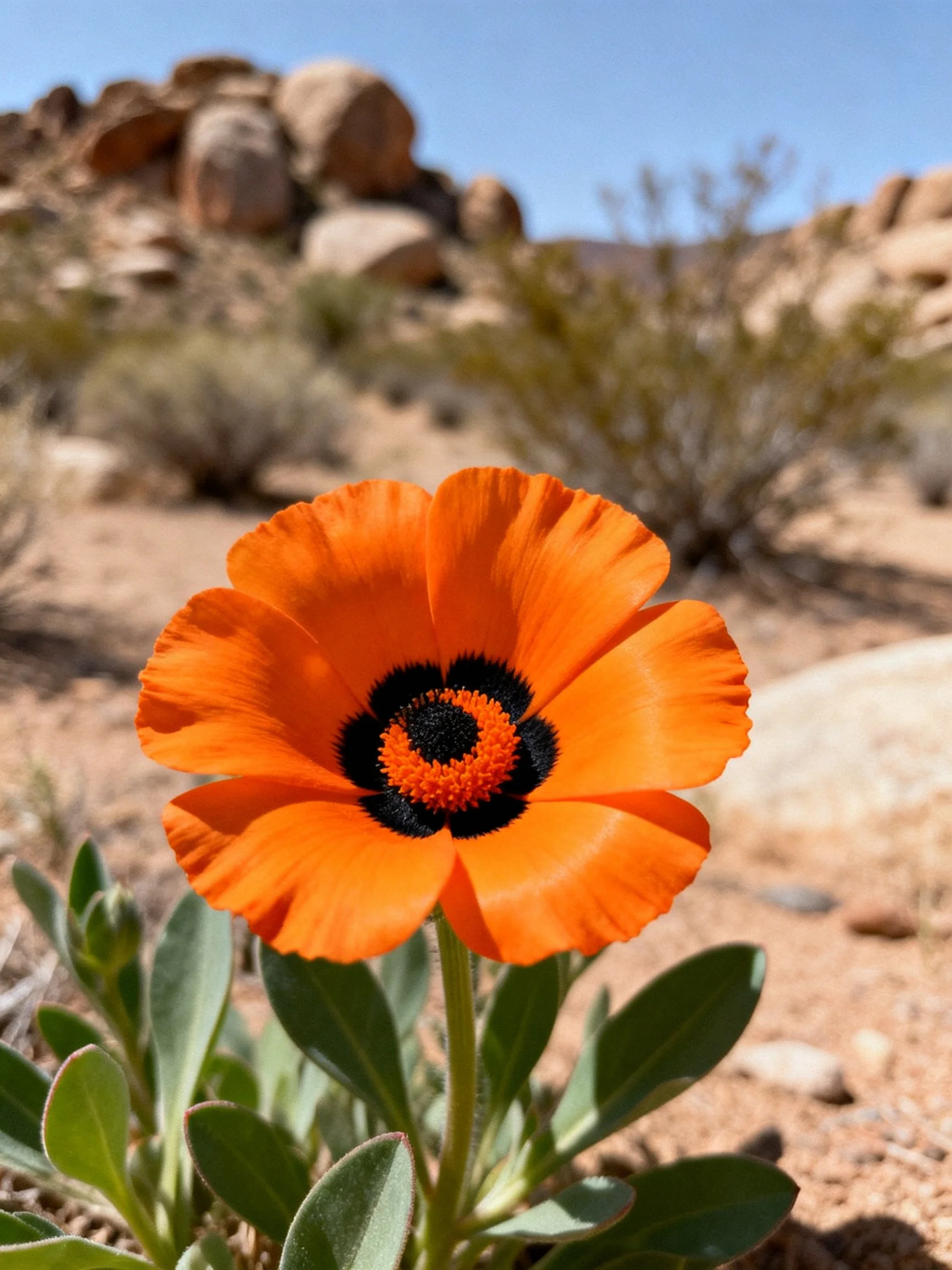 Vibrant orange flower with contrasting black center in desert setting