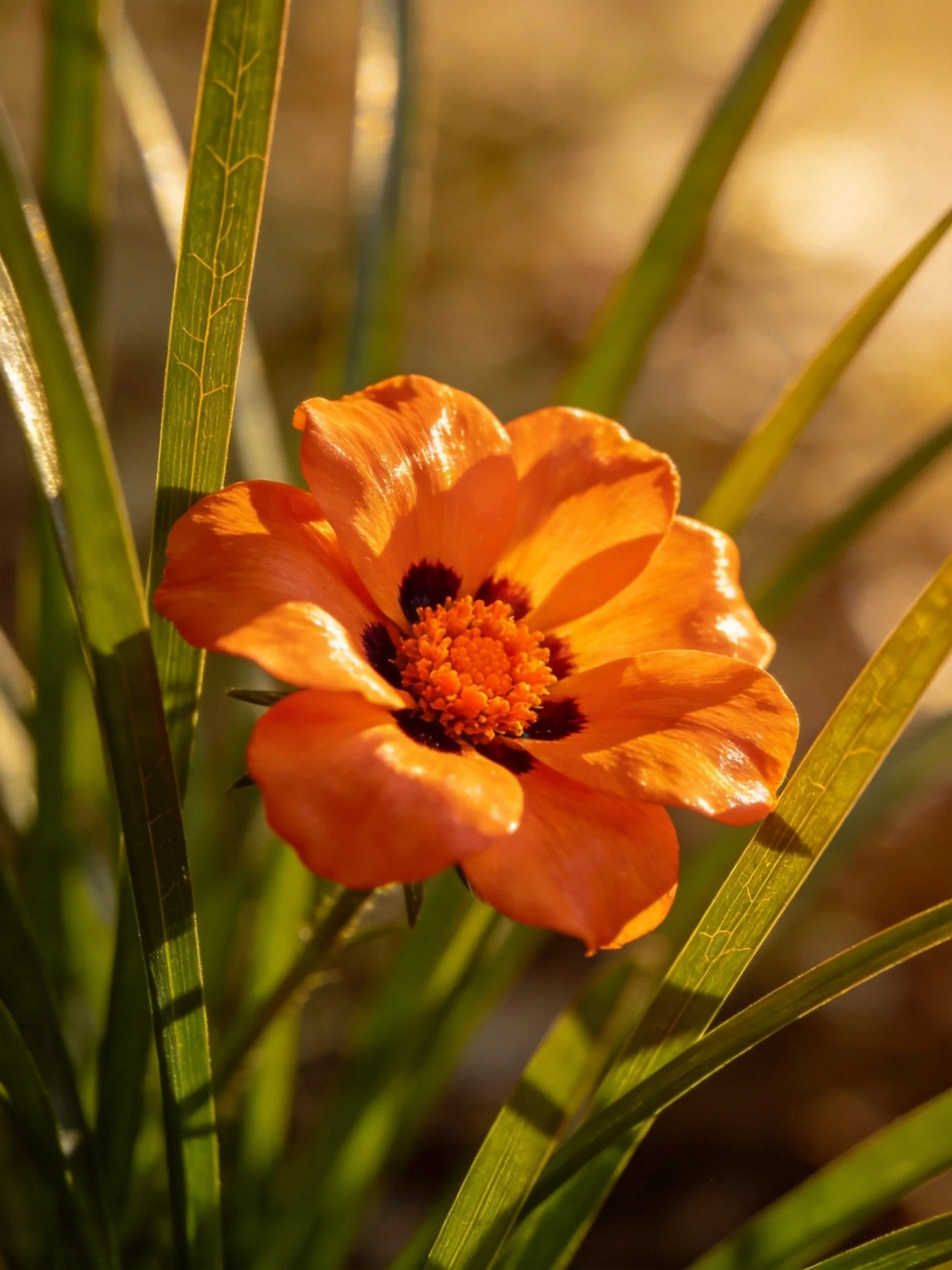 Vibrant orange flower with dark center amid slender green leaves