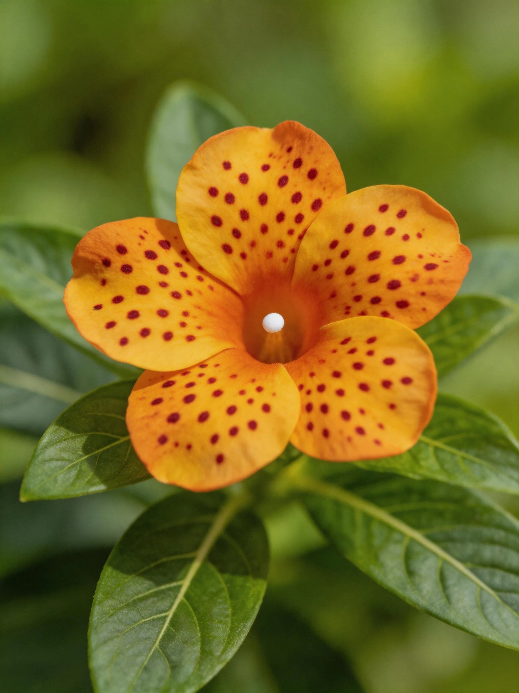 Vibrant orange flower with dark red spots amid green foliage