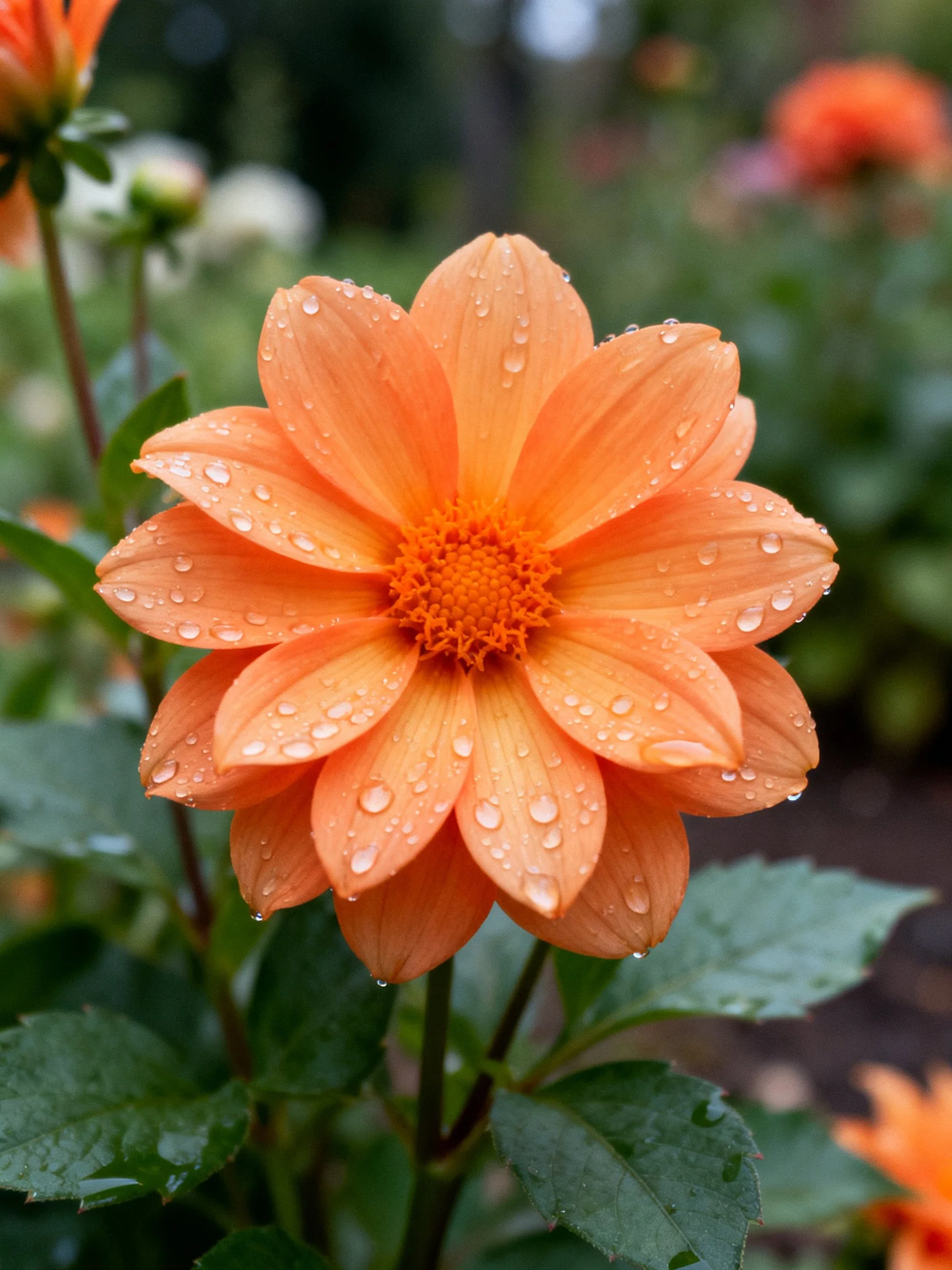 Vibrant orange flower with dewdrops, surrounded by green foliage
