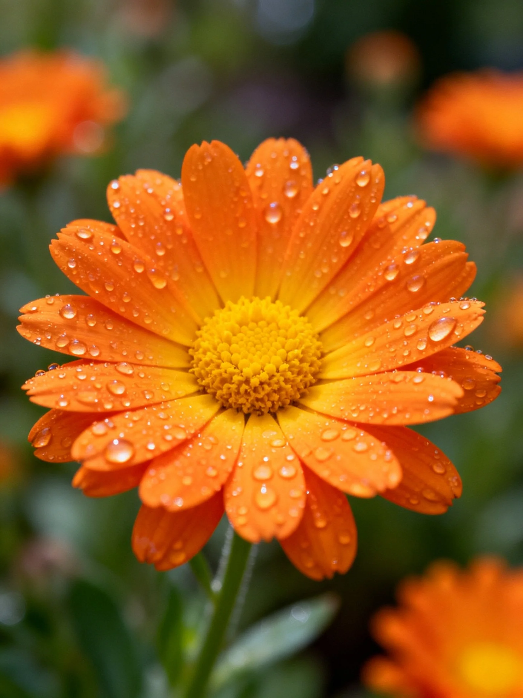 Vibrant orange flower with glistening water droplets, bright yellow center