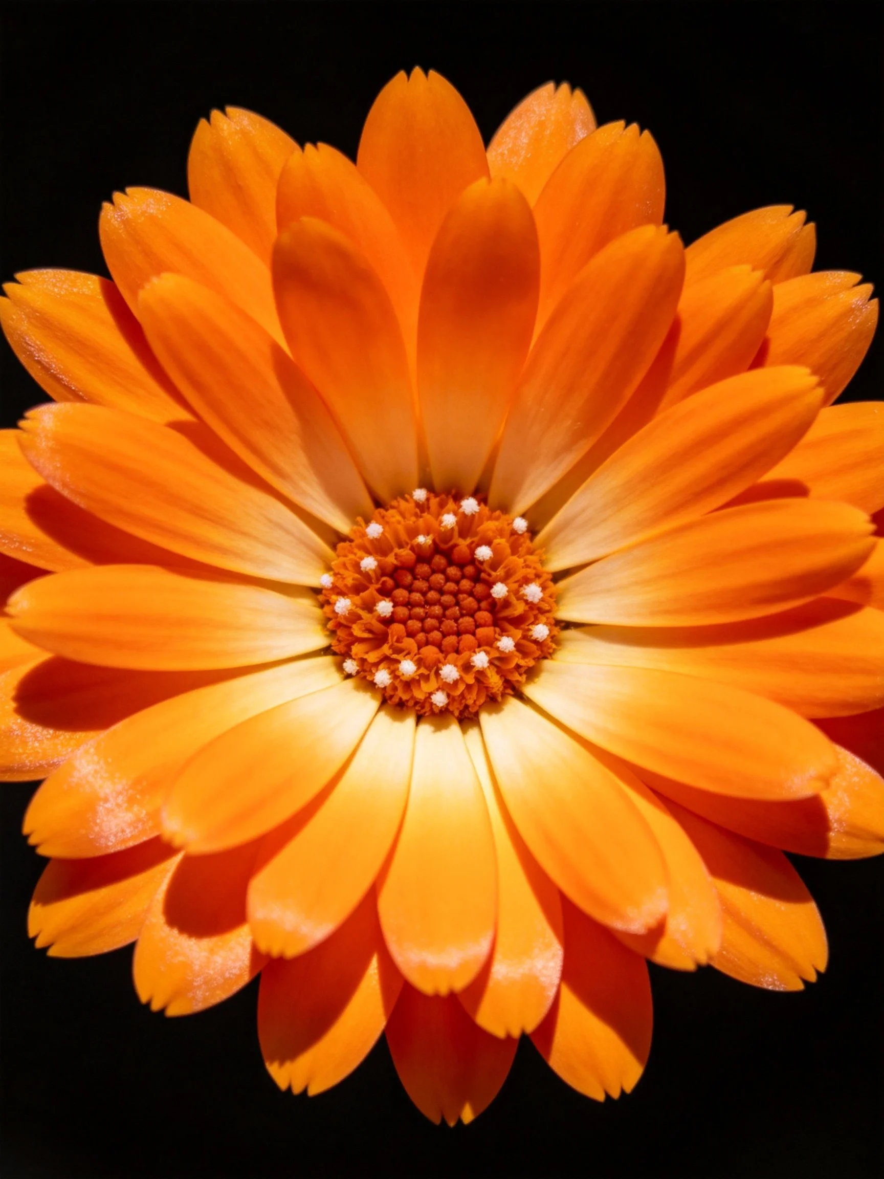 Vibrant orange flower with layered petals against black background