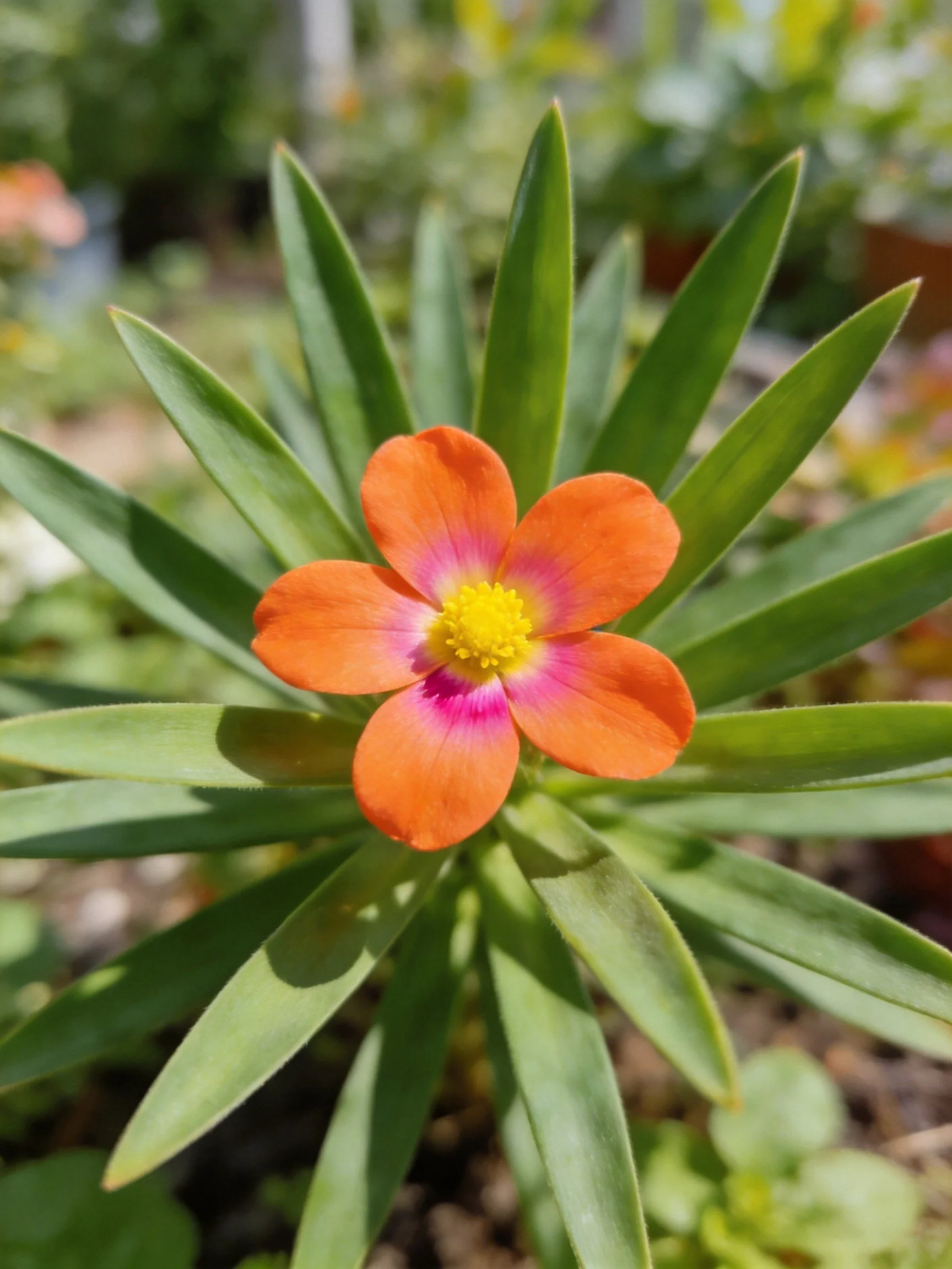 Vibrant orange flower with pink center and long green leaves
